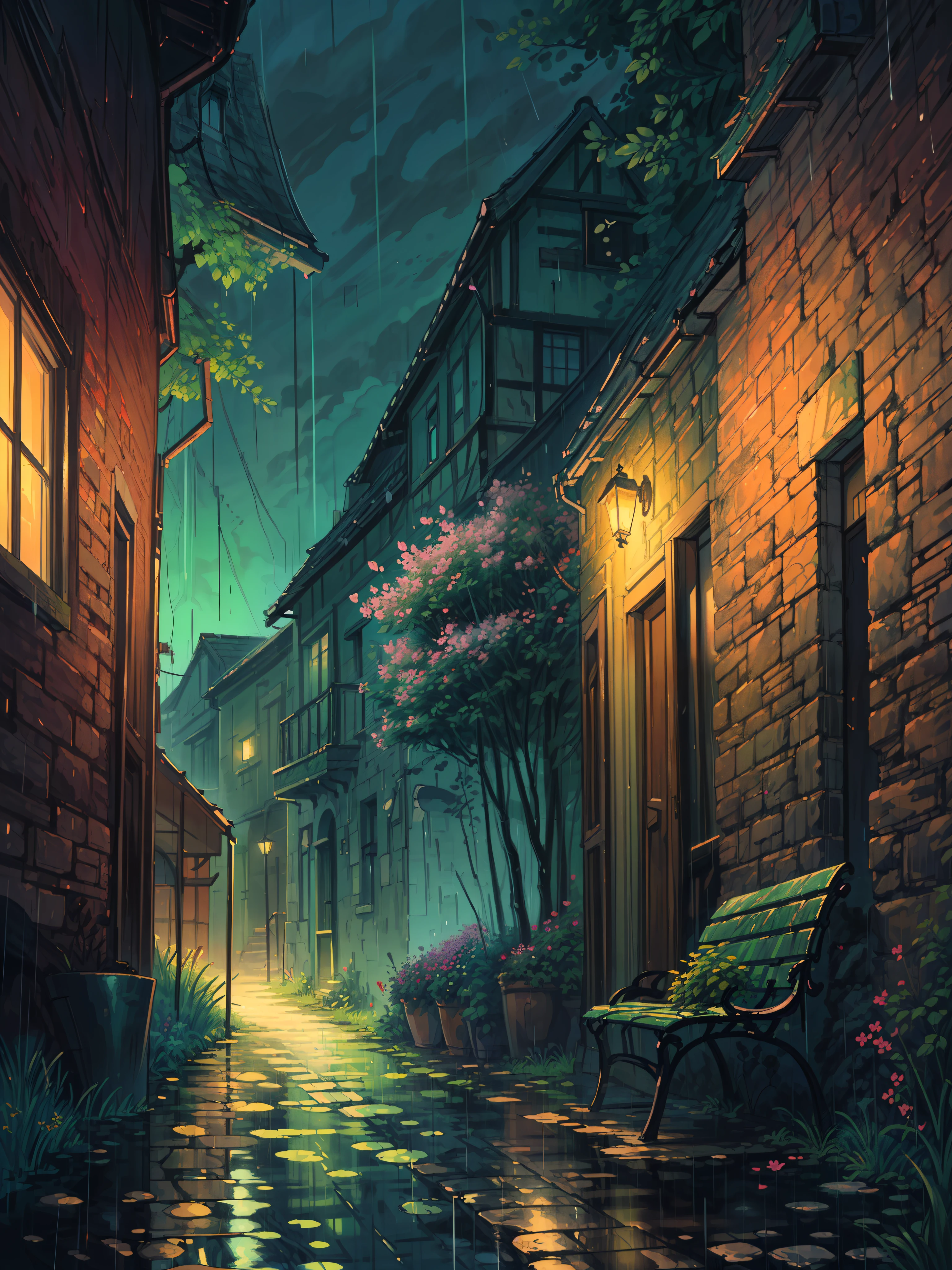 (masterpiece:1), (wide view:1.5), (a bench on a old muddy stone road of a green village:1.6), (lo-fi vibe:1.3), (dense bushes around houses:1.5), (wildflowers:1.3), silence, (plant pots:1.4), (blue vast wide open sky:1.5), (soft glow of vibrant tones:1.4), magnificent sky, (volumetric light:1.2), peaceful, (beautiful floral colony:1.5), (nature:1.3), (Bougainville flowers covering gates:1.3), (long grass on sides:1.5), (different hues of rain tones:1.4), (beautiful aesthetics:1.2), (peaceful world:1.4), beautiful tones, subtle colors, peaceful, (illustration: 1.0), epic composition, realistic lighting, (no human:1.6), HD details, masterpiece, best quality, ,