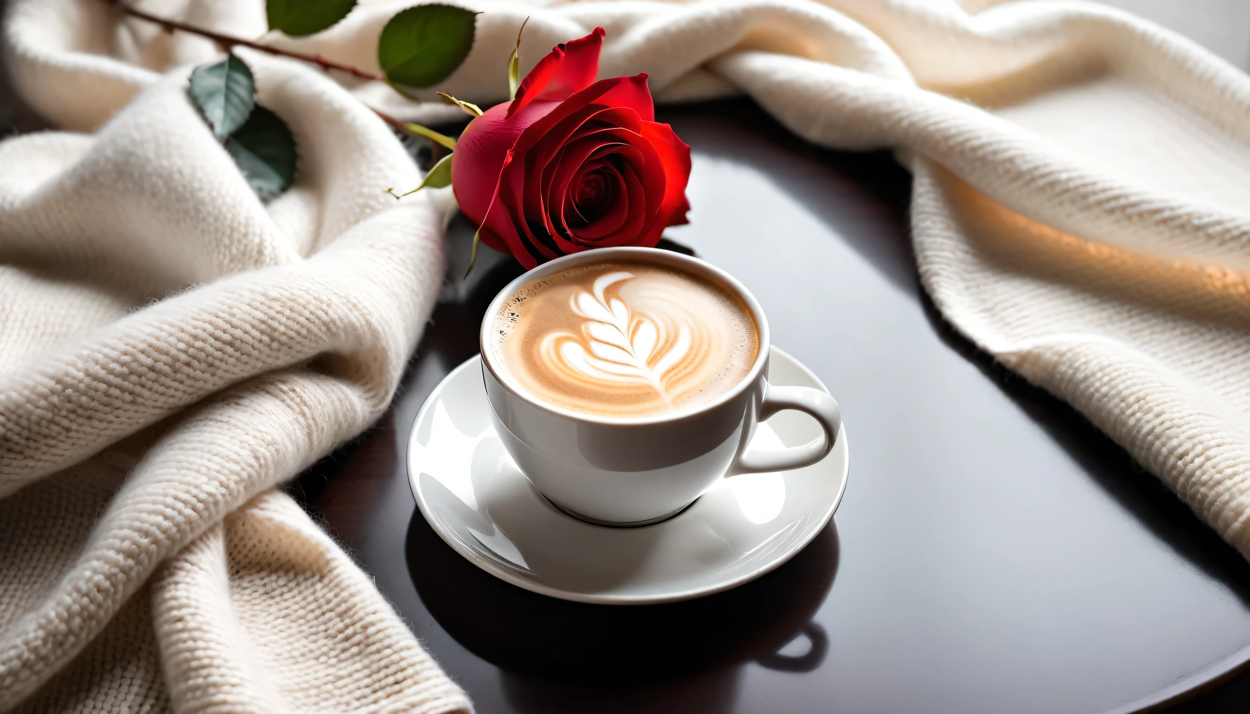 Best still life composition,There is slight smoke in the white ceramic cup.Artist coffee impression.White woolen scarf,clear texture,Place randomly,Sophisticated and elegant.A fresh red rose laid flat from above(lie flat on the table).latté.modern style.super detailed.natural light and shadow.no humans.super wide angle, Fresh and bright light and shadow.Excellent composition