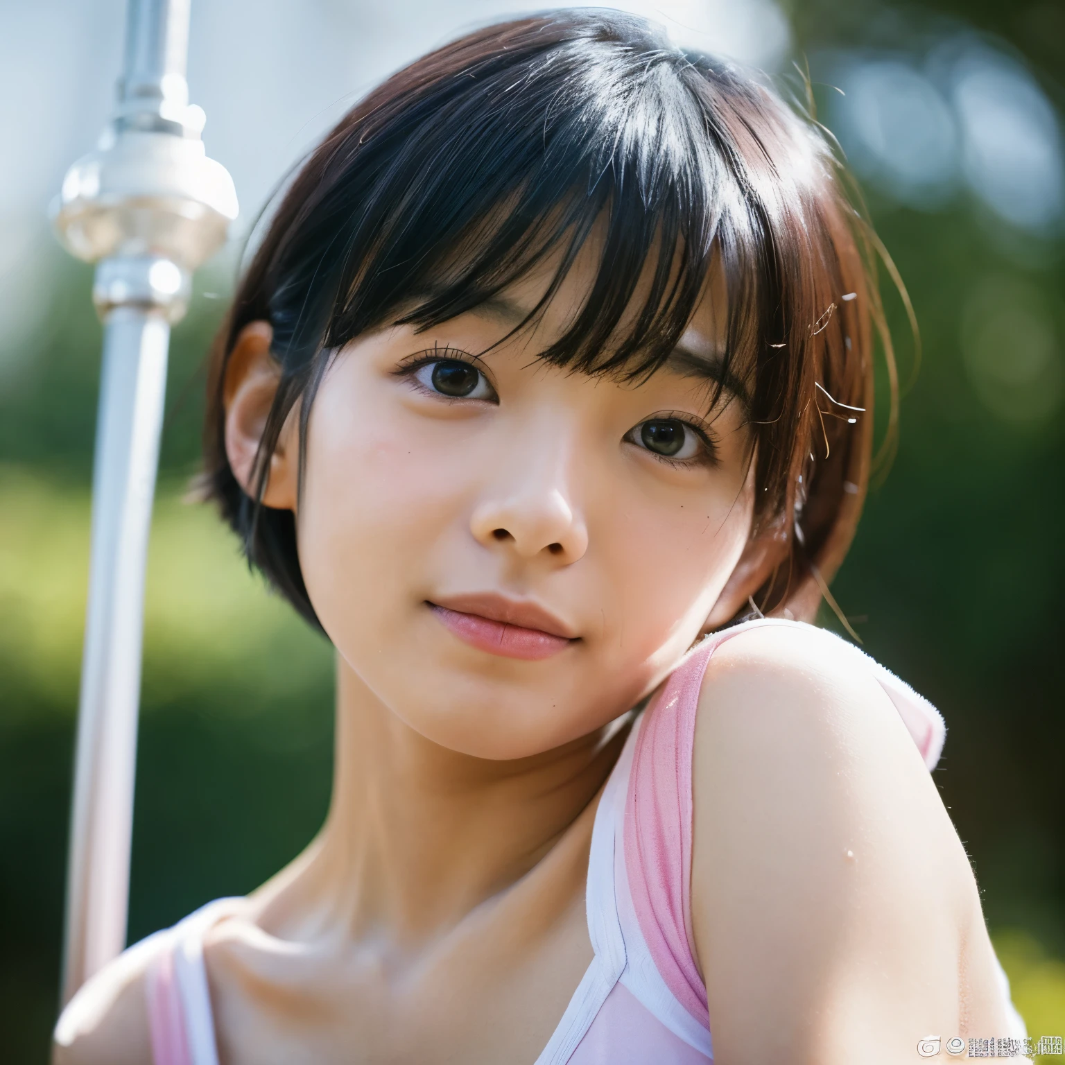 Realistic image of a short girl、Asian、shortcut、I'm pulling up one piece、Pubic hair is visible