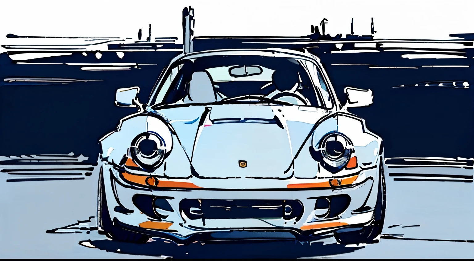 navy blue Porsche 911 rwb, pop art,  cartoonish style , sketch, detailed illustration, large wheels, wide bodykit