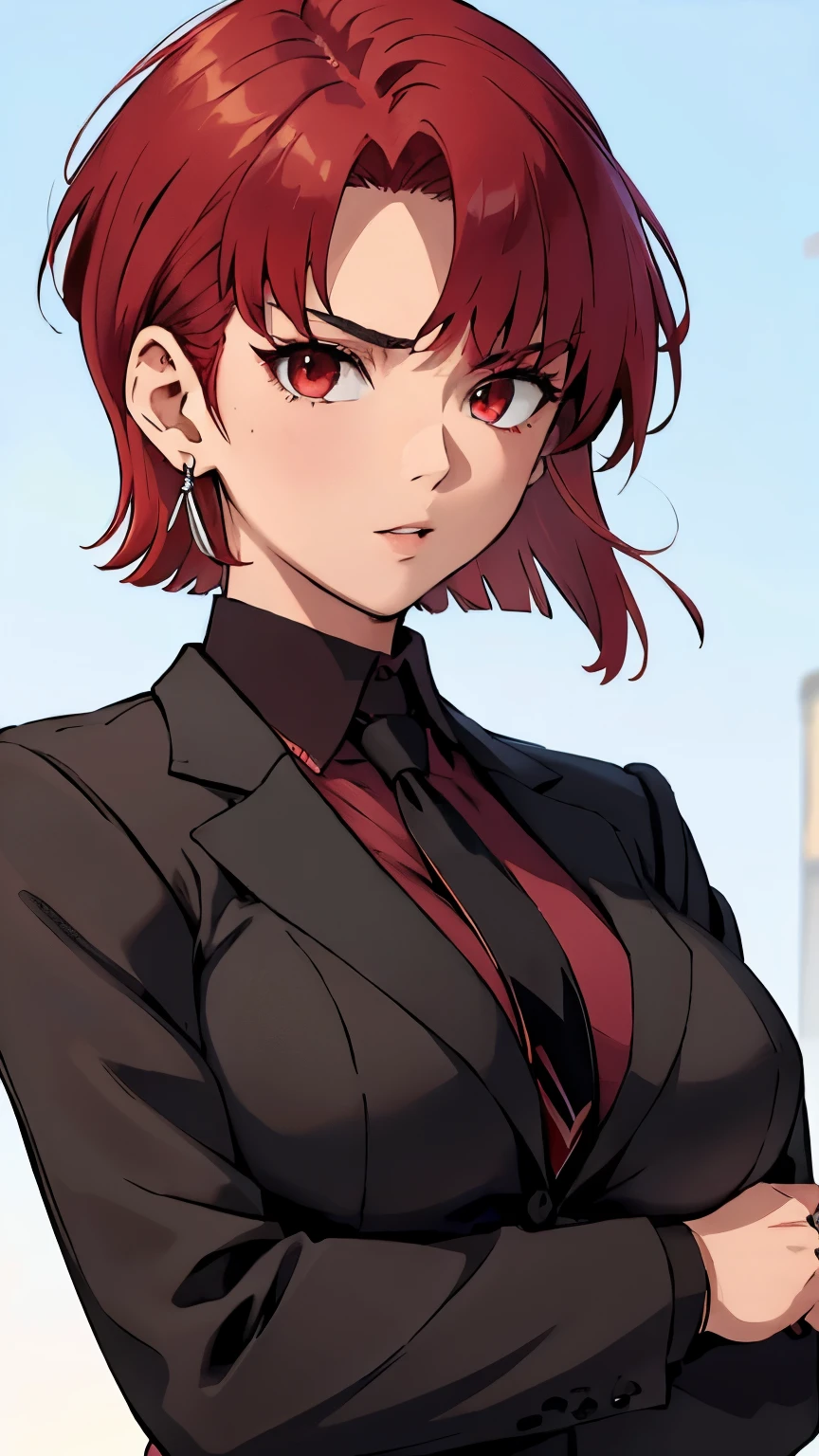 (masterpiece, best quality:1.2), bazett, fgo, 1girl, solo, bobcut hair, red hair, bangs, red eyes, large breasts, black gloves, formal suit, necktie, jacket, upper body, earrings,