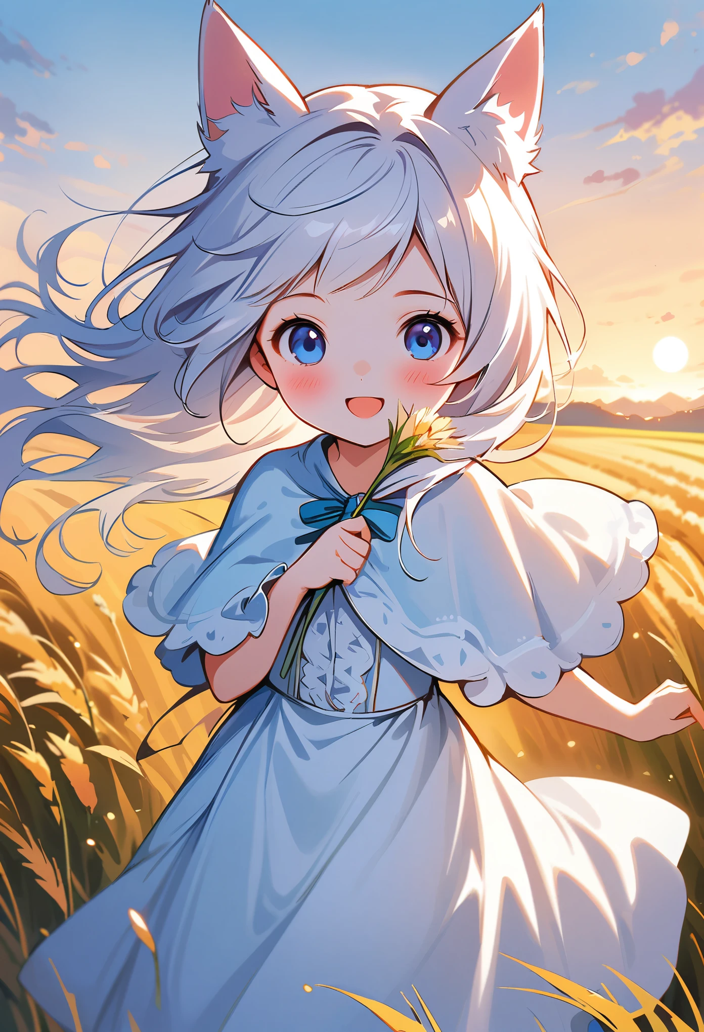 (drawn by Lynn Okamoto),center frame, sharp focus, (panorama, wide shot), best quality, masterpiece, extremely detailed, detailed background, (from above:1.2), 1girl, catgirl,solo,loli,blue eyes,white hair, closed one eye, smile, open mouth, skirt, long hair, wavy hair, on side, fluffy hair, , french , blush, smile, capelet, lace trim, bodice, sunset, long dress, dusk, scenery, gold sky, high place, horizon, wheat field, wheat ears, wind, wind blow, looking at viewer, (depth of field), bokeh, (holding a flower:1.3), (holding:1.2),(medium):0.5,