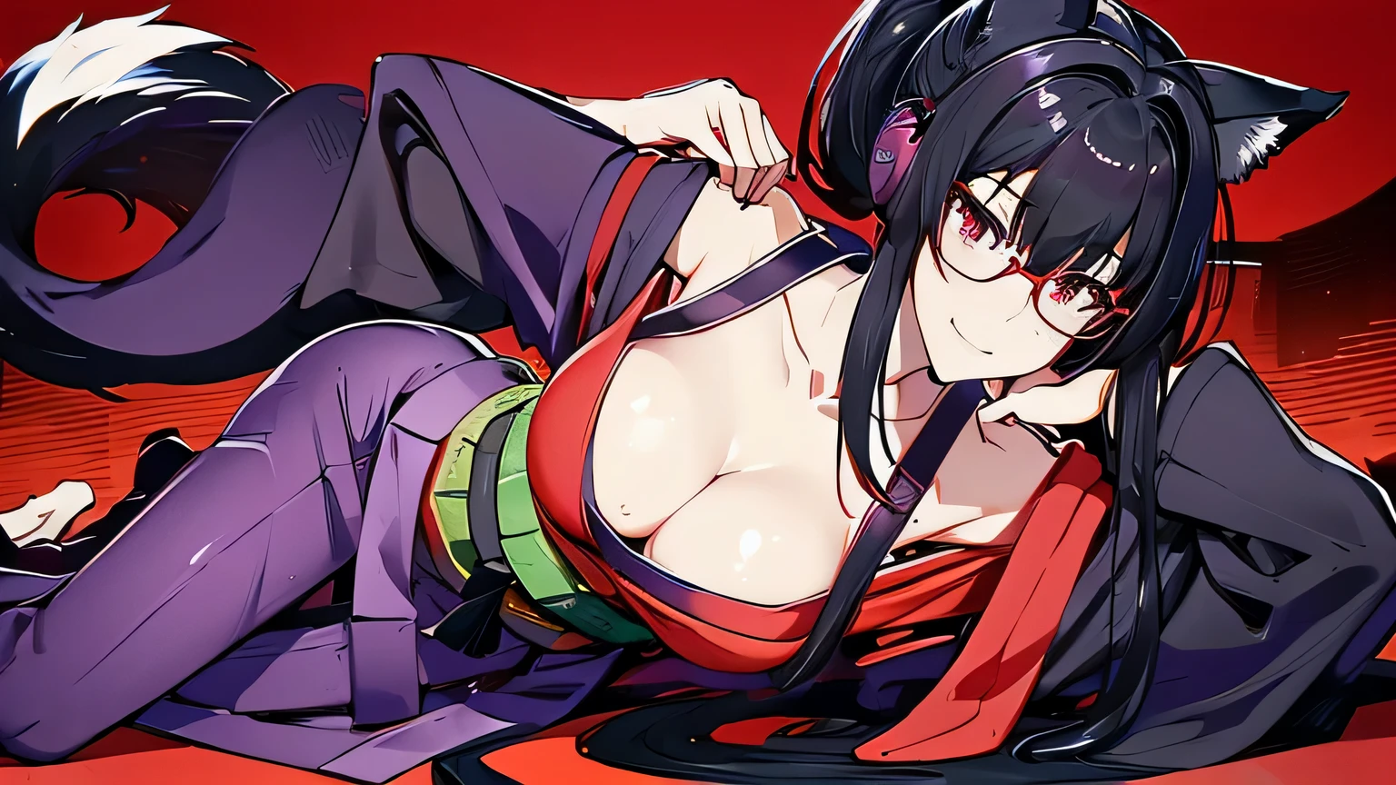 1 girl、alone , greenish black hair、ponytail、big cleavage、fox ears、red eyes、wear glasses、tall purple kimono、red color belt、light purple long hakama、Headphones around the neck、sexy、Charm、Wet、face turns red、far shot , full body 、cyber punk