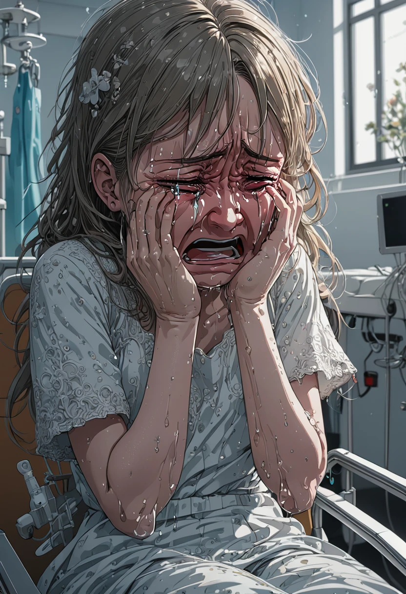 anime art style, girl, (crying, tears:1.5), sit in hospital, best quality, masterpiece, high details, Ultra intricate detailed