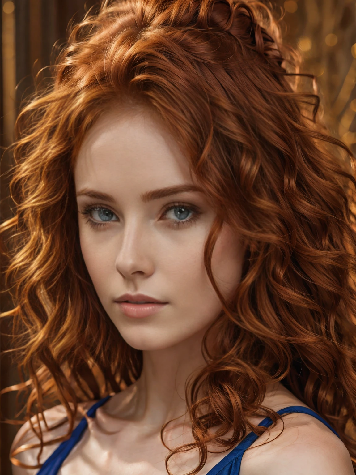 Hyper realistic UHD 4K image, photographic quality portrait of beautiful woman, redhead, long hair curly, blue eyes,Masterpiece