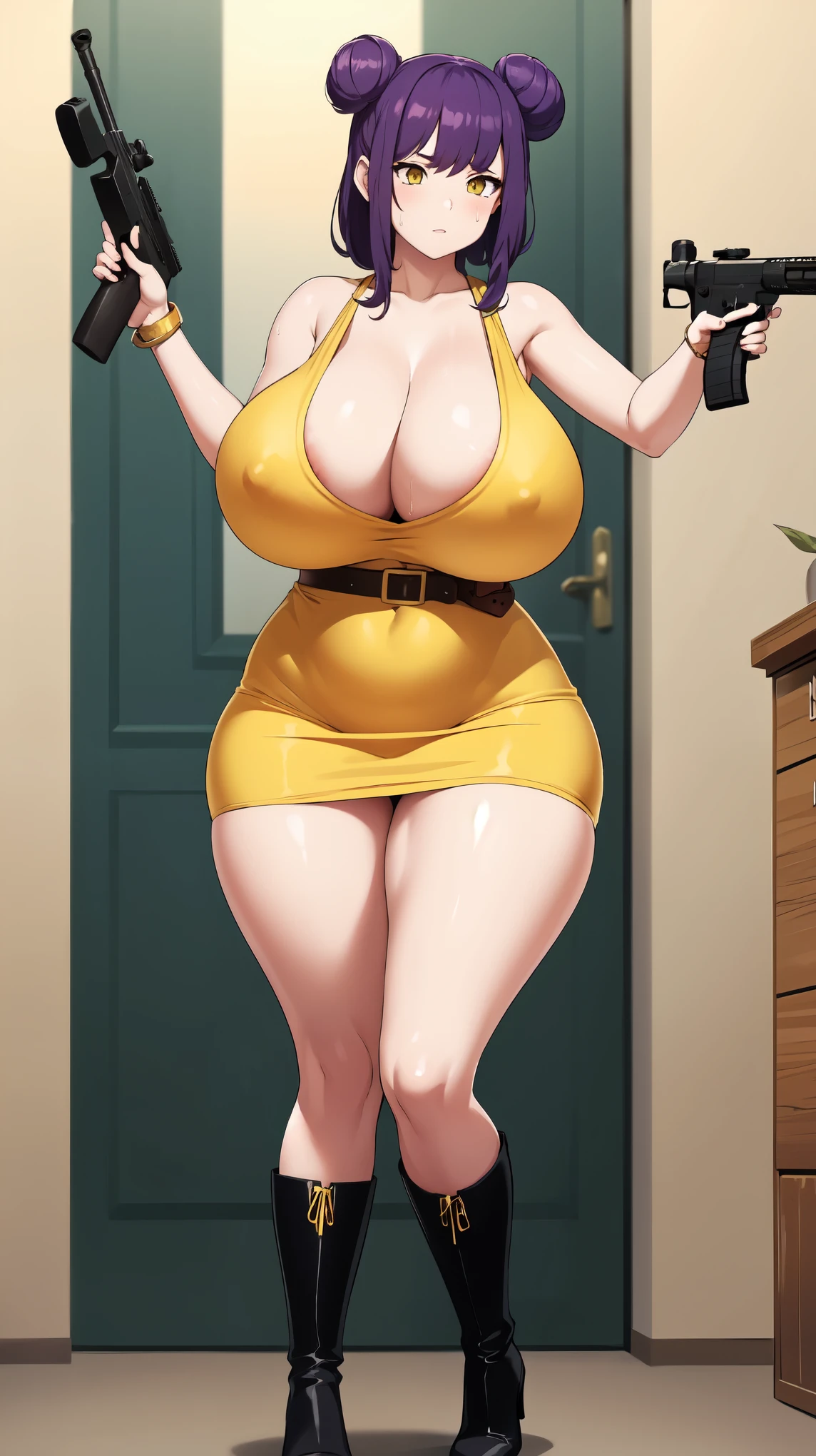 Slime girl, (slime), Slime hair Double buns hair style, Pumpkin Orange, weapon belt, Masterpiece, Best Quality, gigantic breasts, slime girl, slime girl, purple hair, lavender hair, yellow clothes, weapon belt around waistline, rifle, long rifle, AR-15 Rifle, assault rifle, exposed yellow bra, yellow clothing, wearing yellow clothing, fully body view, tight yellow dress, Rifle in hand, mature woman, gorgeous, perverted, sexy, yellow dress, exposed chest, exposed bra, exposed breast, black boots/heels, gold bracelets around wrist, holding rifle, aiming with rifle, tactical stance, tactical gear, sweaty body, long legs, tall woman, lustful yellow eyes, yellow lingerie 