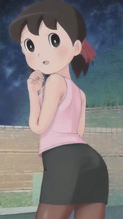 (absurdres), (intricate details), (extremely detailed), (looking at viewer), (masterpiece:1.2),(best quality:1.2), 
(girl), (shiny skin:1.2), cinematic, (cowboy shot), medium breasts, outdoors, town, natural wavy, very long hair,
 bang, (black_theme), curious face, black hair, (night:1.2),
(knit with pencil skirt), standing,
no_sleeves, pantyhose,hot
hair ribbon,