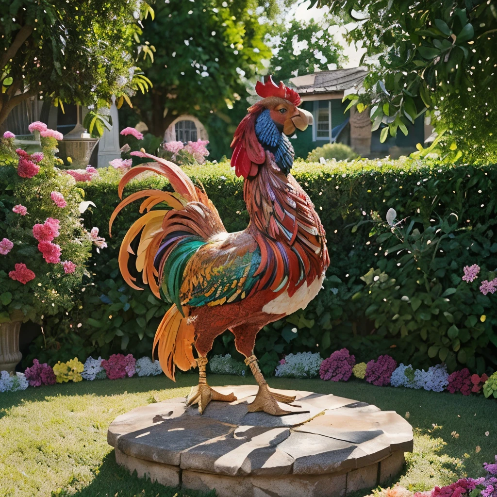 Behold the stunning sight of a majestic rooster statue, its vibrant feathers shimmering in the sunlight 🌈🐓 This eye-catching piece is sure to add a pop of color and whimsy to any garden or home decor. Don't miss out on bringing this unique and lively piece into your space! #rooster #gardenart #colorfuldecor #homedecor #uniquefinds