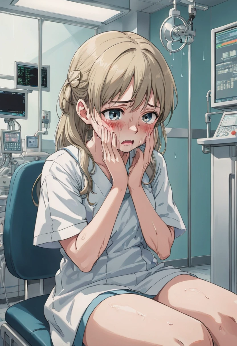 anime art style, girl, (crying, tears:1.5), sit in hospital operating room, best quality, masterpiece, high details, Ultra intricate detailed