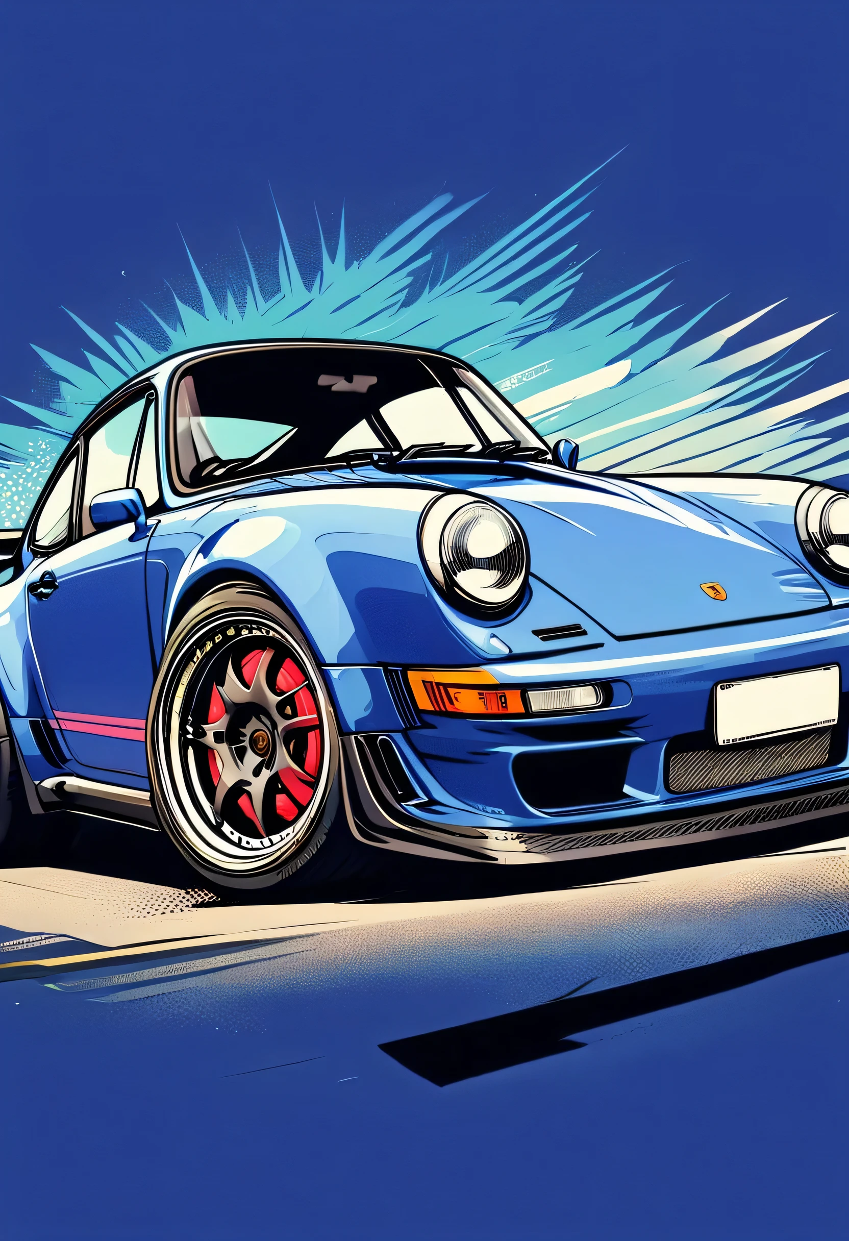 navy blue Porsche 911 rwb, pop art,  cartoonish style , sketch, detailed illustration, large wheels, wide bodykit