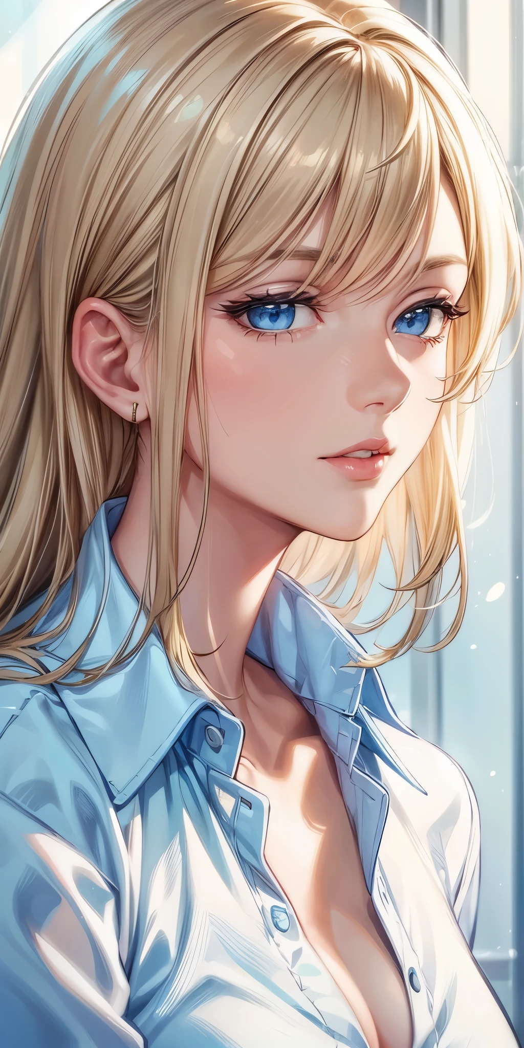 (best quality, highres), portrait, Elegant mature woman, blue eyes, long hair, swept-side bang, blonde, big breast, high resolution cg 8k, beautiful cg, soft light