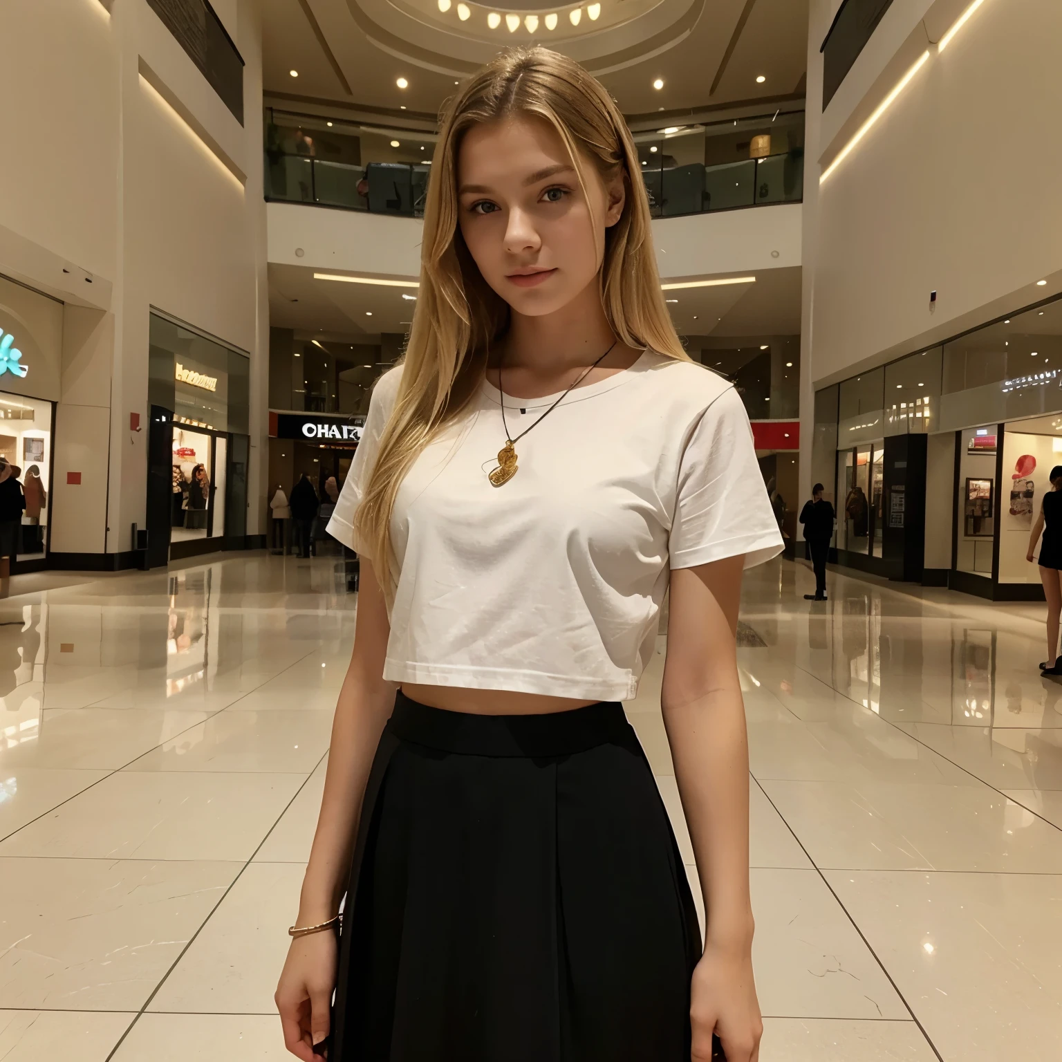 Hot/sexy/russian/standing in a mall/wearing a long black skirt//blonde/front vie2