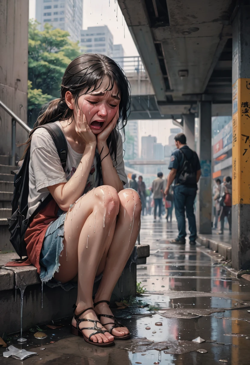 anime art style, girl, (crying, tears:1.5), underpass, crowd, best quality, masterpiece, high details, Ultra intricate detailed
