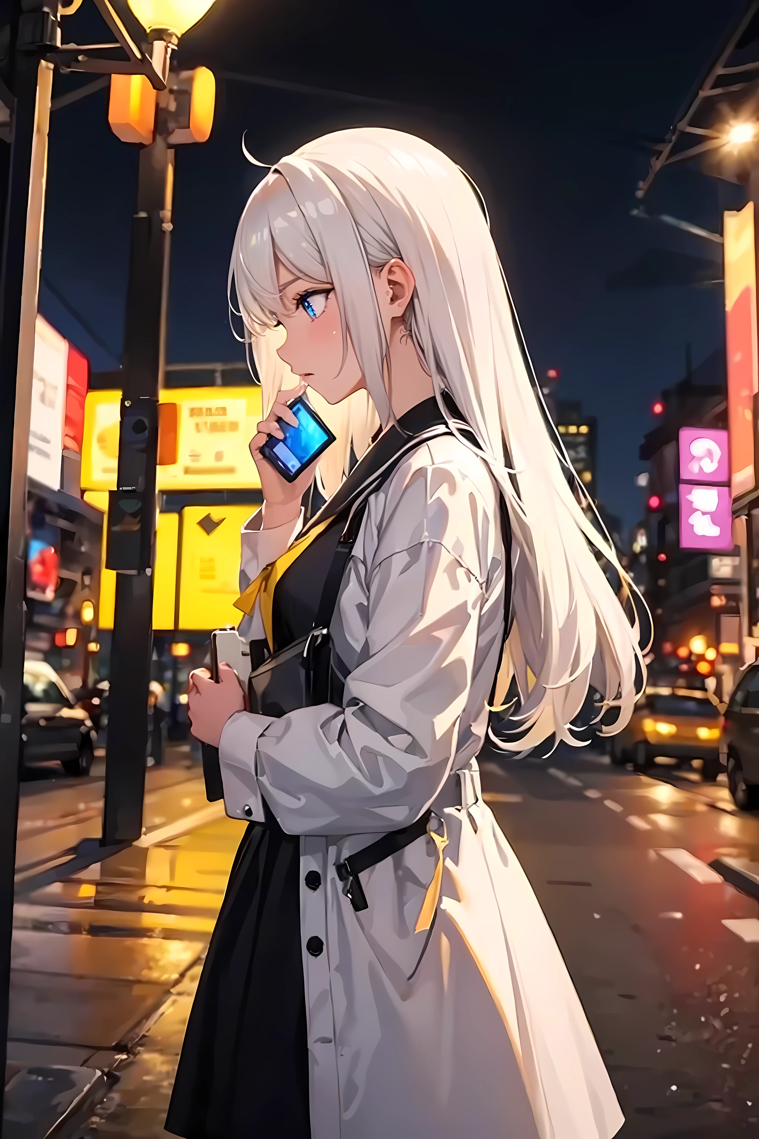 masterpiece, best quality, highres, 1girl, white hair, night, hard light, yellow hightlight, Lamp, highlight, from side, side view, cowbot shot, stand up, waiting, bus stop, blurry city, buildings, talking on phone