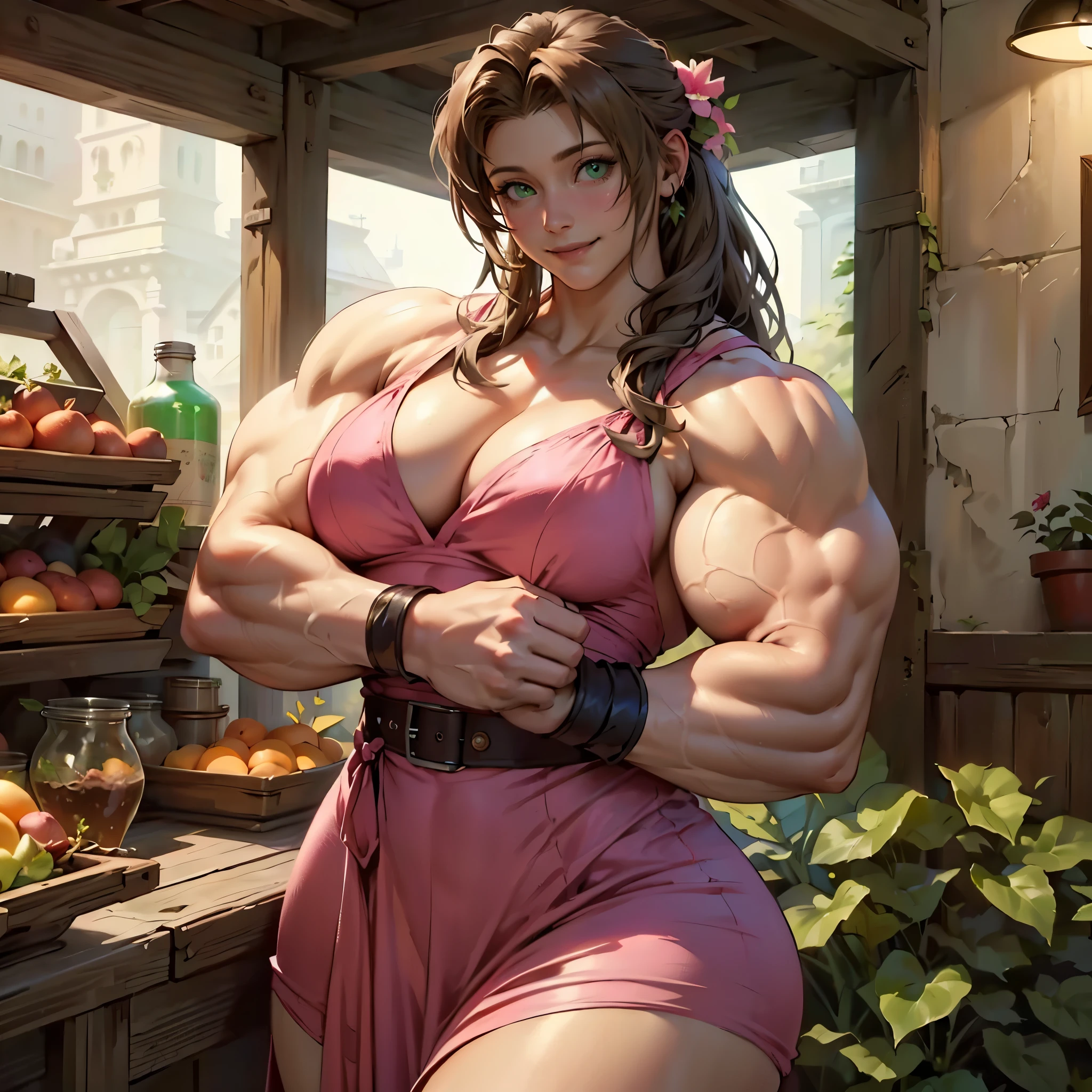 (masterpiece, best quality, highres:1.3), (realistic:1.2), FF7Aerith, (hypermuscle:1.5), (massive breasts), (thin waist:1.2), (massive thighs:1.2), (gigantic ass), (detailed, beautiful face), holding a green potion, flower stand, (pink:1.2) dress, open smile, head tilt, (pleased expression), (realistic style:1.3)