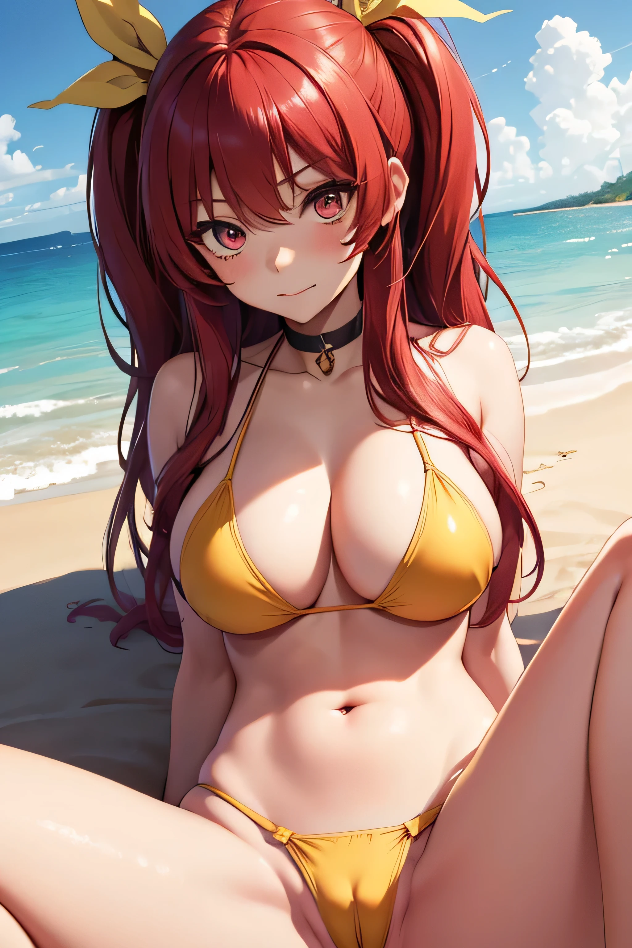 absurdres, high res, ultrasharp, 8K, {masterpiece}, expressive eyes, extremely detailed, best quality, perfect face, Stella Vermillion, 1girl, ruby eyes, long hair, yellow ribbon, crimson hair, hair ribbon, solo, beach, pleased, bikini, spread legs, cameltoe,
