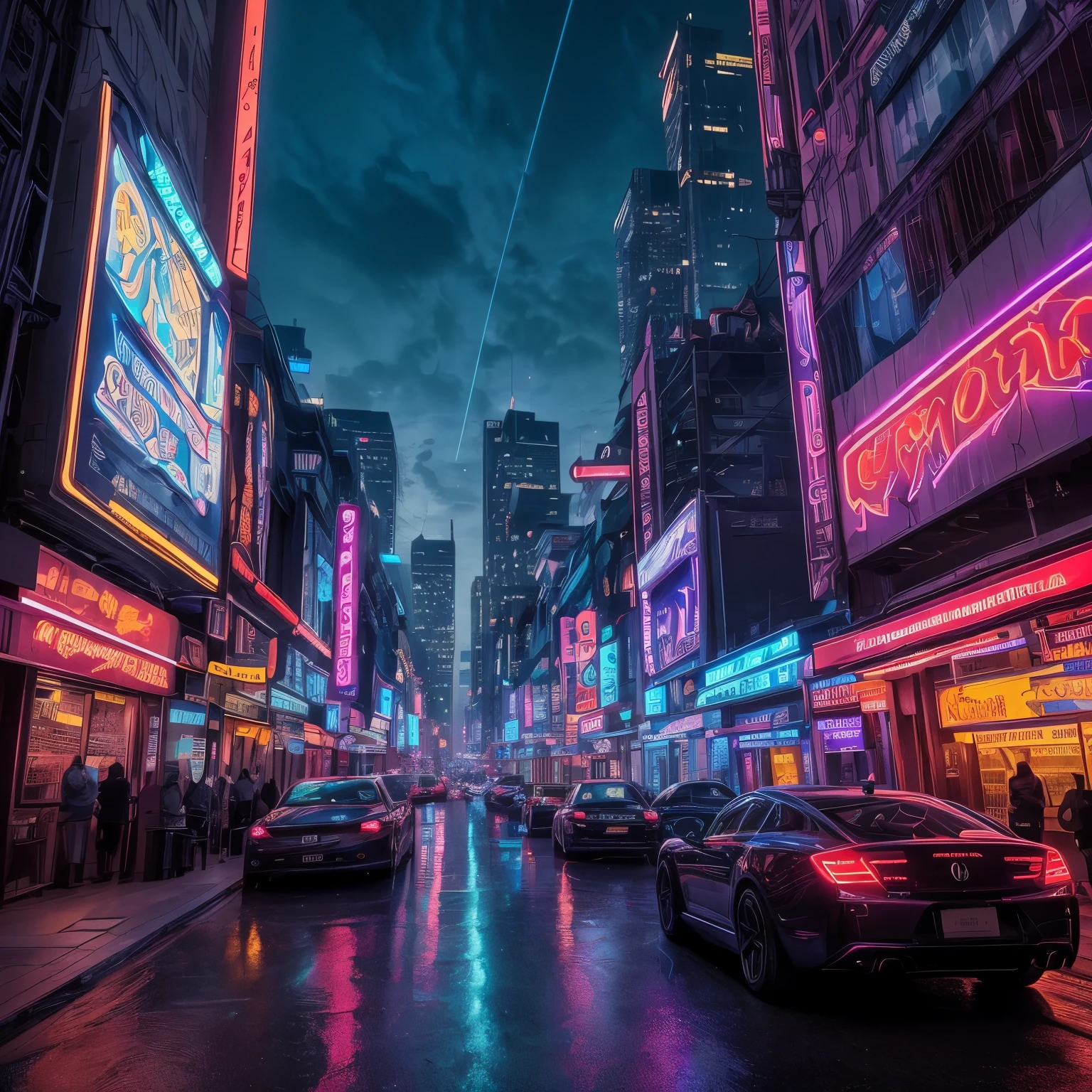 (best quality,4k,8k,highres,masterpiece:1.2),ultra-detailed,(realistic,photorealistic,photo-realistic:1.37),landscape,neon style,purple,navy blue,lilac,red lights,reflection,night city,bustling streets,futuristic buildings,metropolis vibes,magical atmosphere,dreamy clouds,palm trees silhouettes,glowing signs,shimmering water,mysterious shadows,nightlife district,passionate energy,hustle and bustle,inviting alleyways,enchanted feeling,star-filled sky,vibrant colors,dynamic composition,electric ambiance,dazzling cityscape,neon glow,urban charm,awe-inspiring view,serene river,majestic skyline,modern architecture,nighttime enchantment,immersive experience,captivating scenery,ethereal beauty,striking contrasts,dim lighting effects,endless possibilities. with futuristic cars neon lights