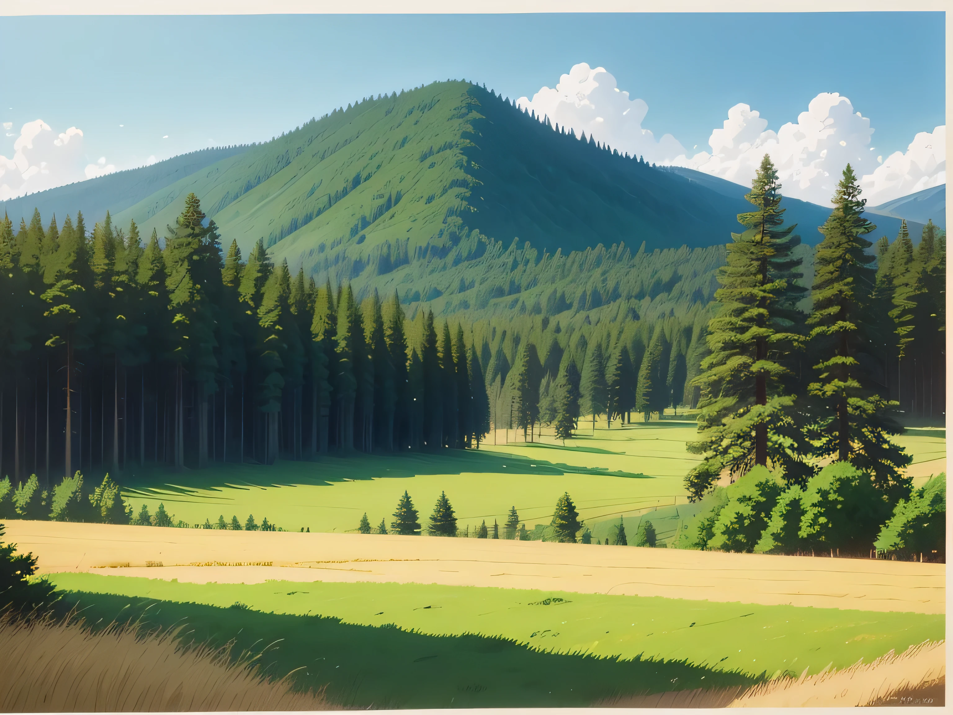 a close up of a cartoon in a field, countryside - blur, forest landscape, tall pine trees, anime, anime landscape, rural background, distant, landscape background, airy background, some background blur, landscape cartoon style