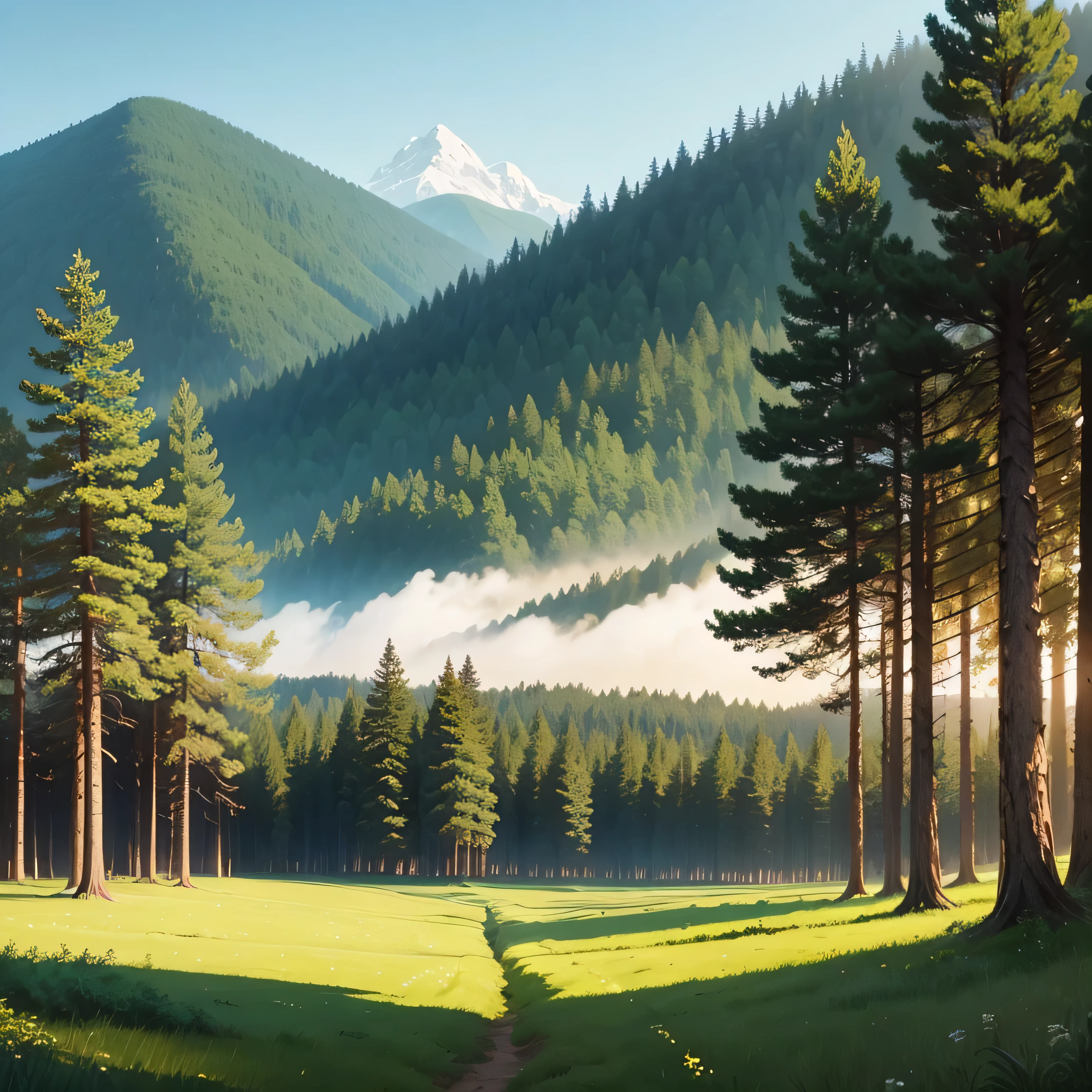 a close up of a cartoon in a field, countryside - blur, forest landscape, tall pine trees, anime, anime landscape, rural background, distant, landscape background, airy background, some background blur, landscape cartoon style