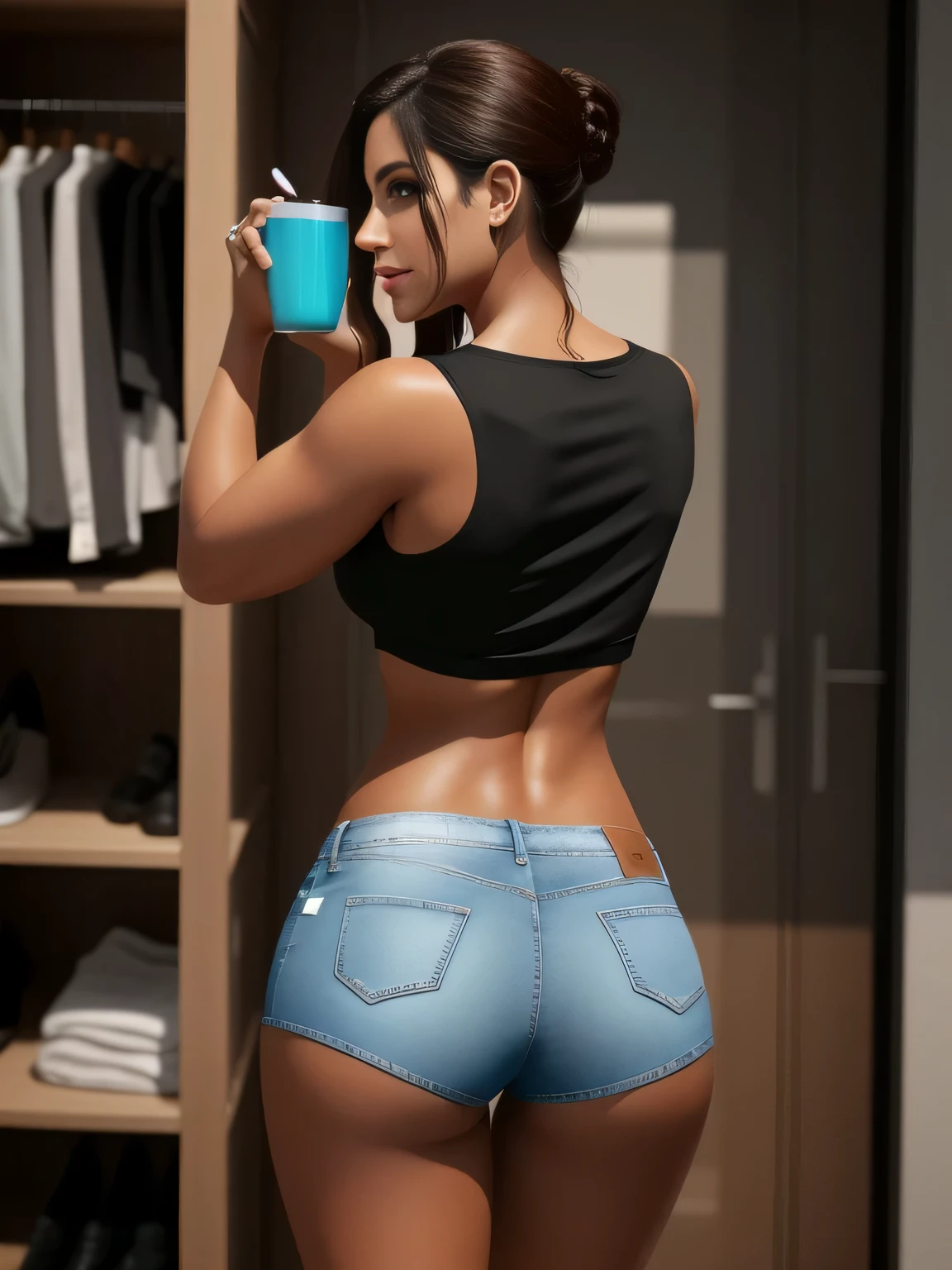 tem uma mulher de top preto e muito baixinha, shorts brancos justos, photorealistic corpo perfeito, realistic shaded corpo perfeito, imagem ultra realista, traseiro tonificado, garota sexy vestindo shorts branco justo curto e apertado, foto altamente realista, service shorts, hot pants, corpo perfeitamente sombreado, DeviantArt Artstation CGScosiety, corpo perfeito, jeans azul. irreal 5, pose sexy, Imagem fotorrealista
