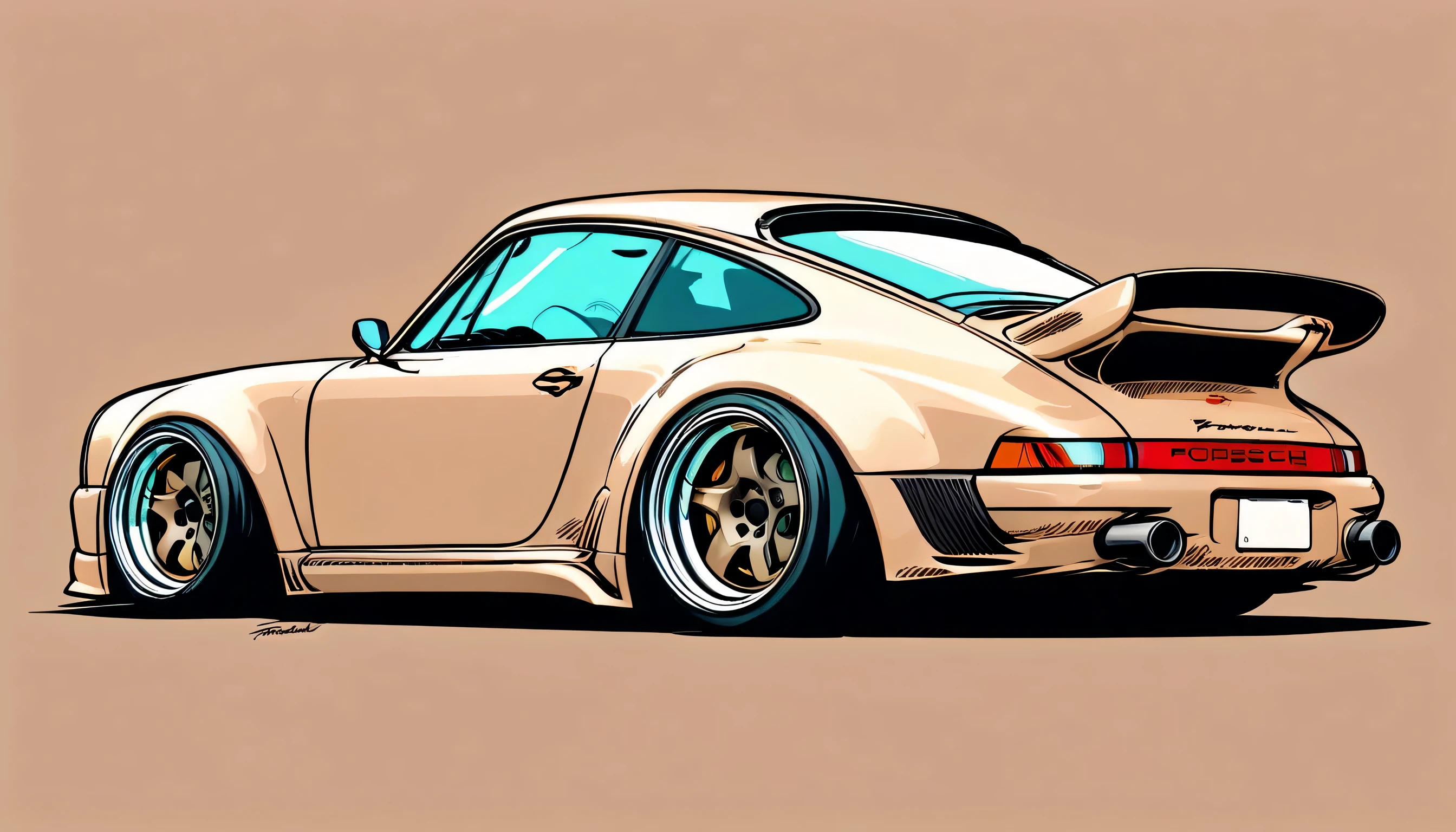 Dark beige Porsche 911 rwb, pop art,  cartoonish style , sketch, detailed illustration, large wheels, wide bodykit