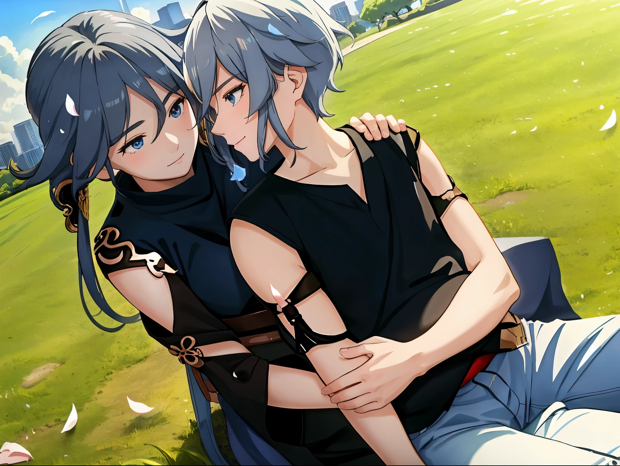 ((2people)), husband and wife, hetero, ((small breasts)), (A man with black hair with white side bangs), (pregnant), long mild blue grey hair blue eyes small breast pregnant Fu Hua(Rustic Noir), A man with black hair with white side bang slightly muscular tall  wrinkled skin man, finely detailed faces, detailed eyes, detailed lips, blush, light smile, smile, (wrinkled skin), detailed wrinkles, looking away, looking to the side, hug, ((arm hug)), shirt, jacket, sit, sitting, grass, on grass, park, day, blue sky, petals, spring, cityscape, anime screencap, anime art, masterpiece, best quality, high quality, HD, HDR, depth of field, wide angle, full body, ((dramatic camera angle)), ((cinematic camera angle))