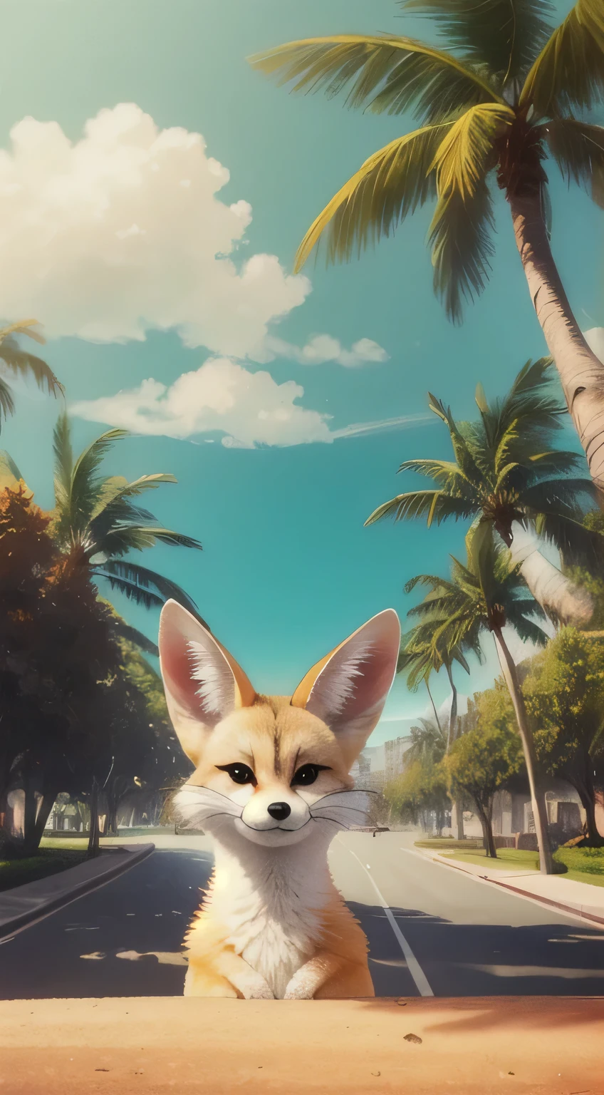 fennec fox, pink, palm trees, furry, cute, disney zootopia, concept art, aviator sunglasses, synthwave style, artstation, detailed, award winning, dramatic lighting, miami vice, oil on canvas, vibes