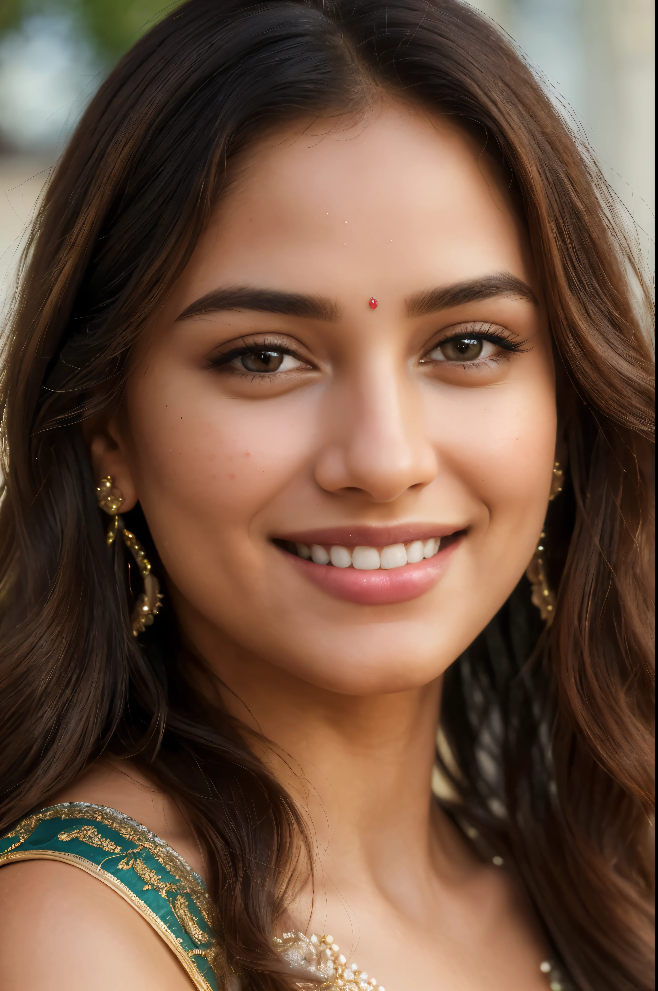 (Melhor qualidade,4K,8k,high resolution,obra de arte:1.2),ultra-detalhado,(realista,photorealista,photo-realista:1.37),
lindo sorriso,rosto sorridente,olhos detalhados,Detailed lips,Nariz delicado,
,pele macia,cabelo preto ondulado,elegant posture,charme feminino, vestido indiano,
detalhes finos,Fundo lindo,cores vibrantes,subtle lighting,