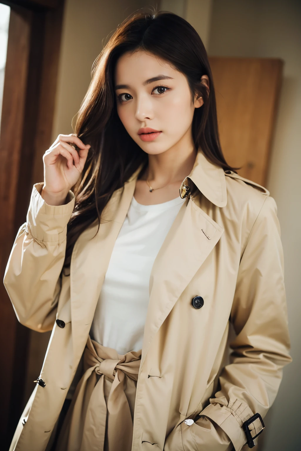 Raw photo, Top quality, 35mm lens, f/1, one beautiful woman, wearing trench coat,