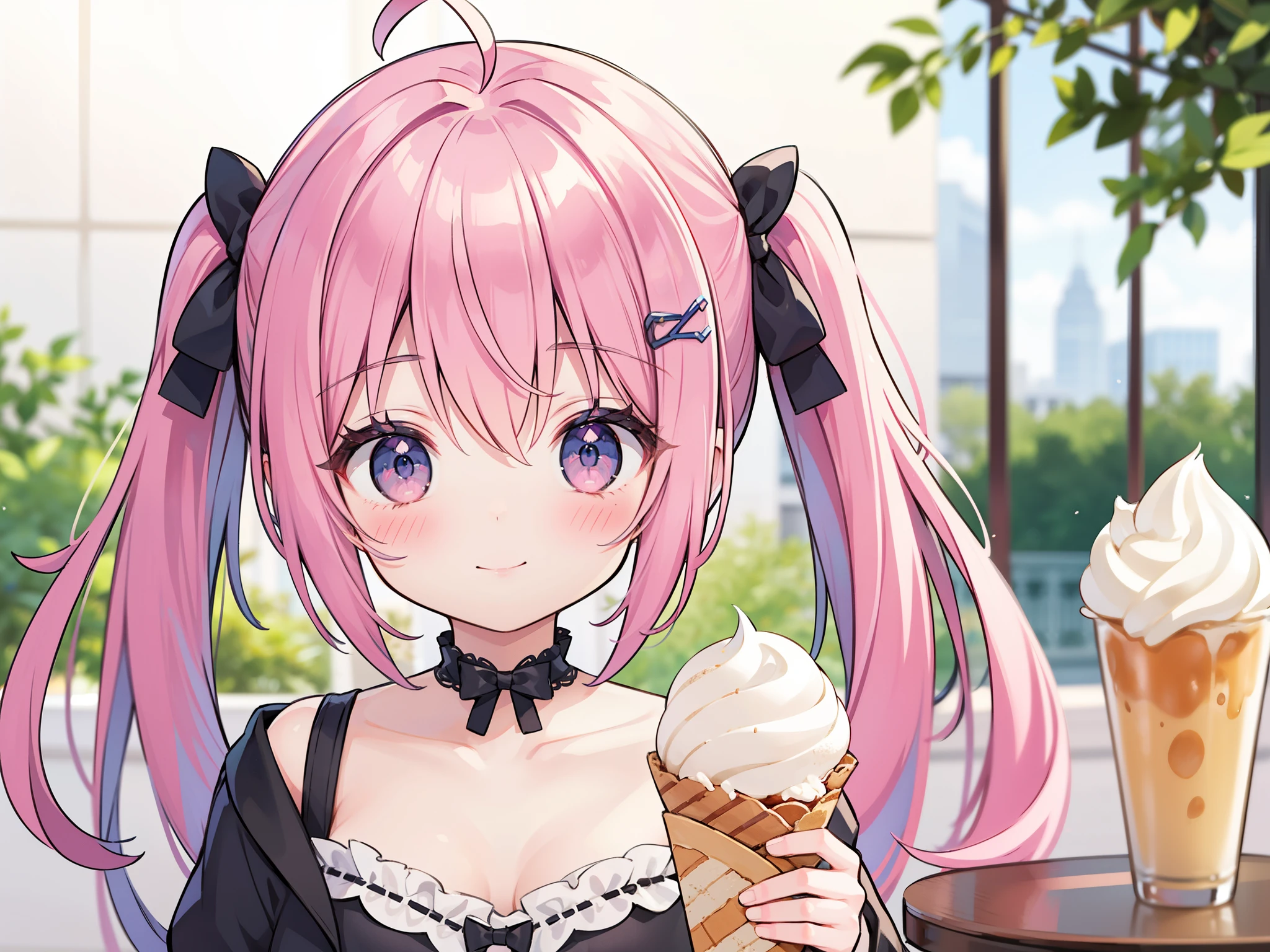 1girl, rating:safe, solo, smile, food, ice_cream, purple_eyes, looking_at_viewer, closed_mouth, collarbone, bare_shoulders, bow, eyebrows_visible_through_hair, ponytail, long_hair, hair_ornament, hair_bow, twintails, bangs, hair_between_eyes, crepe, ribbon, holding_food, blush, holding, upper_body, scrunchie
