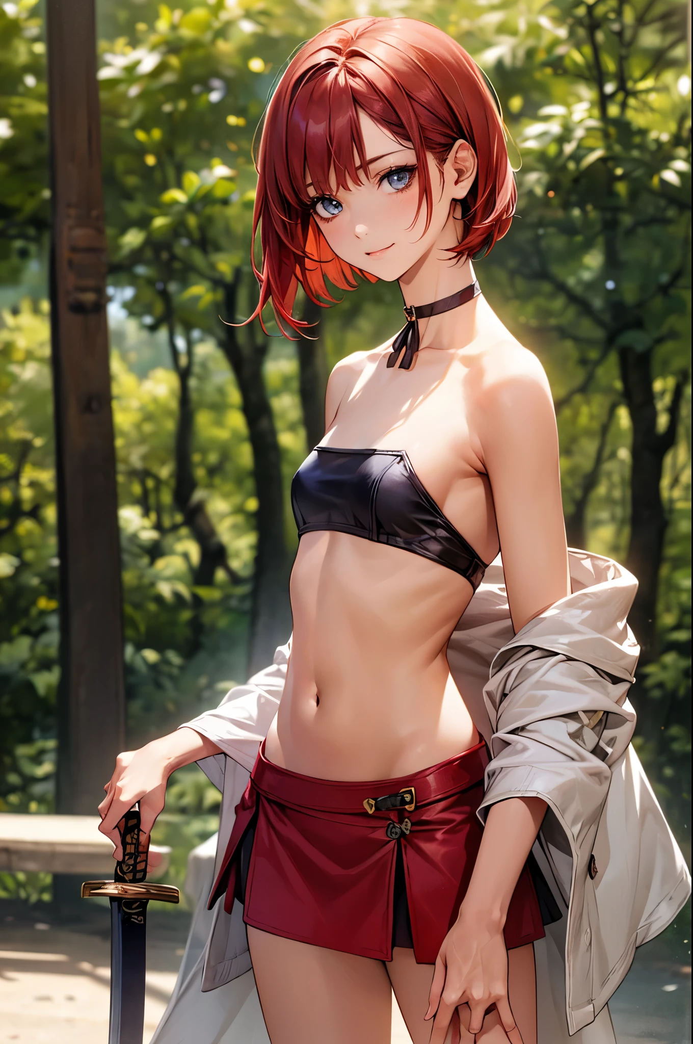 ((perfect anatomy:1.2,realistic,:1.3,RAW Photography:1.3,masterpiece、highest quality、Ultra - High resolution、High resolution、Highly detailed CG、8K)),nsfw,cowboy shot,1 female,alone,20-year-old,beauty of japan,beautiful detailed face and eyes,big and gorgeous eyes,gray eyes,(red hair,short bob hair,bangs), (slender body,small head:1.4, skinny、small breasts), glowing skin,oily skin,(fantasy clothing,black tube top,off shoulder、navel、red micromini skirt,choker),standing,Holding a thin sword、swordplay、take a stand、fantasy,fantasy world、tree々、forest、river、medieval europe、natural sunlight、