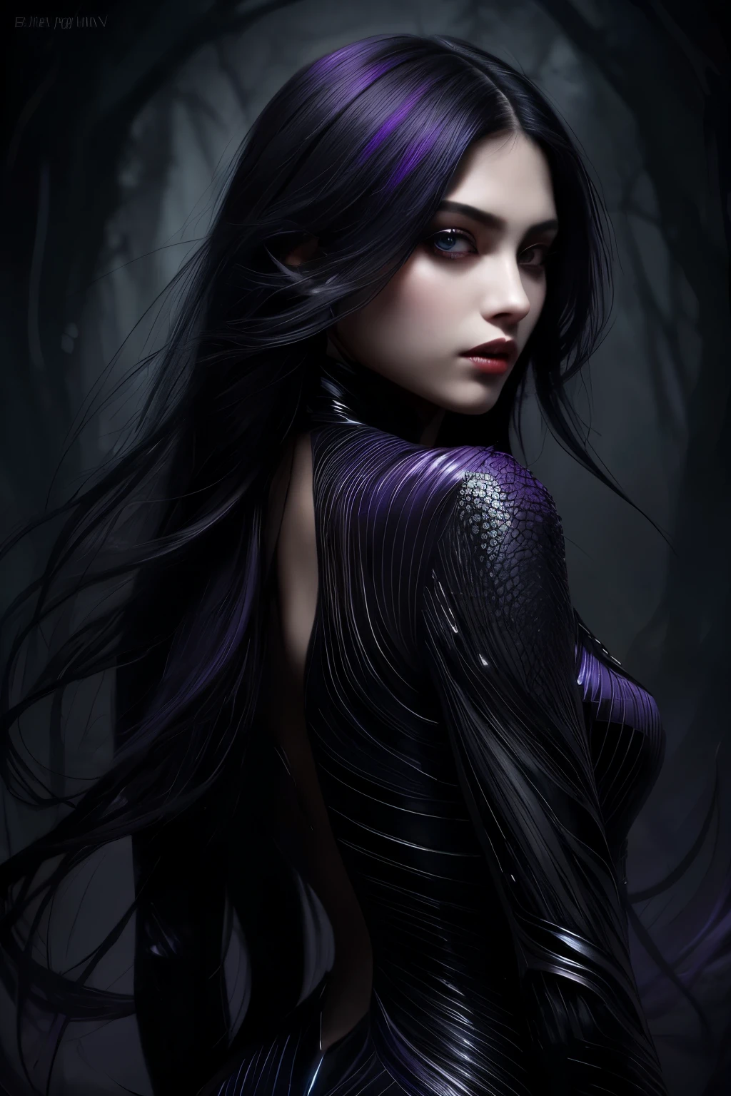 Vampire girl, featuring a shoulder-length hairstyle with purple streaks, in exquisite detail (best quality: 1.0), ultra high-resolution (ultra HD: 1.0), and enhanced by magnificent lighting (masterpiece: 1.2). Her captivating eyes, radiating a hypnotic allure, add to her enigmatic charm. The intricate texture of her long, dark hair cascades down her back in soft waves. Her delicate features reflect an otherworldly beauty, further accentuated by her vampiric nature. This stunning creation is an award-standing artwork, fit for any discerning collector's gallery (illustration: