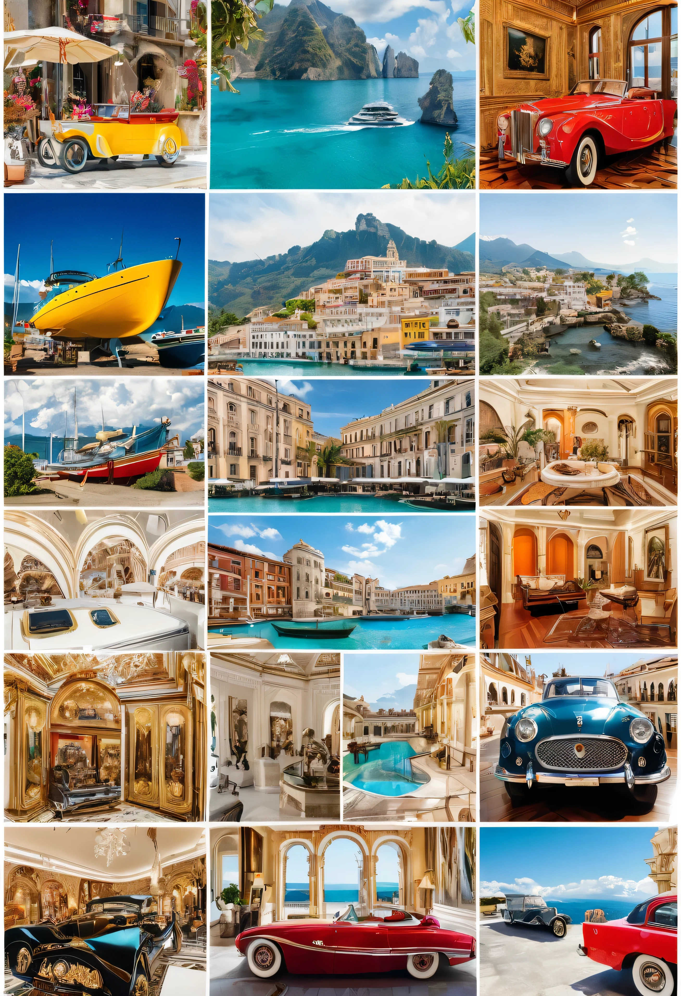 A collage showing images related to luxury., viajes, moda de alta gama, arte y coleccionables