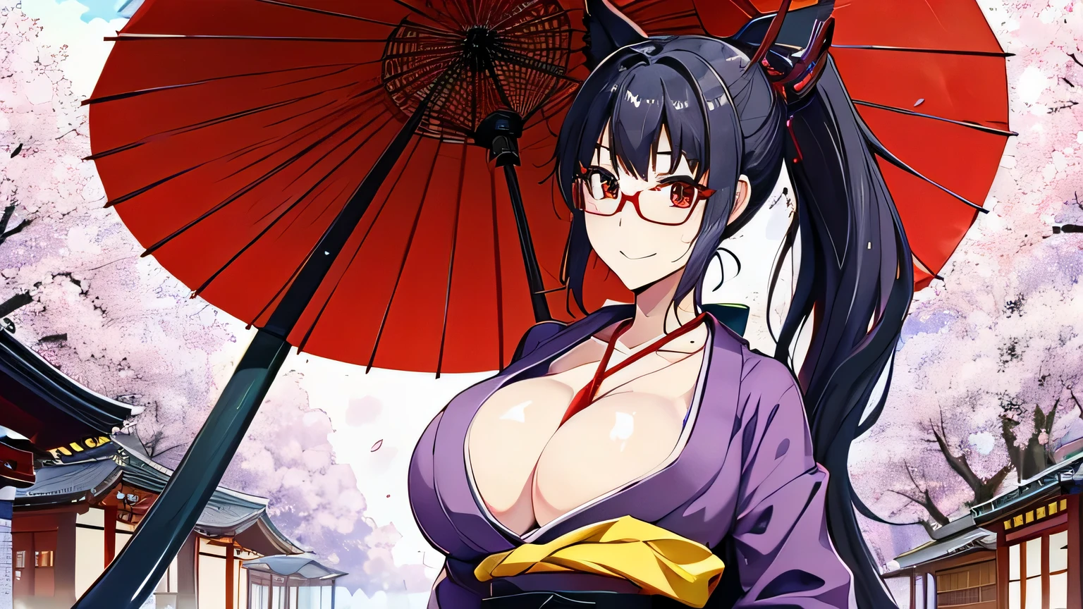 1 girl、alone , greenish black hair、ponytail、big cleavage、fox ears、red eyes、wear glasses、tall purple kimono、red color belt、light purple long hakama、Headphones around the neck、Japanese umbrella、sexy、charm、Wet、face turns red、far shot , full body 、within the territory 、cherry blossoms