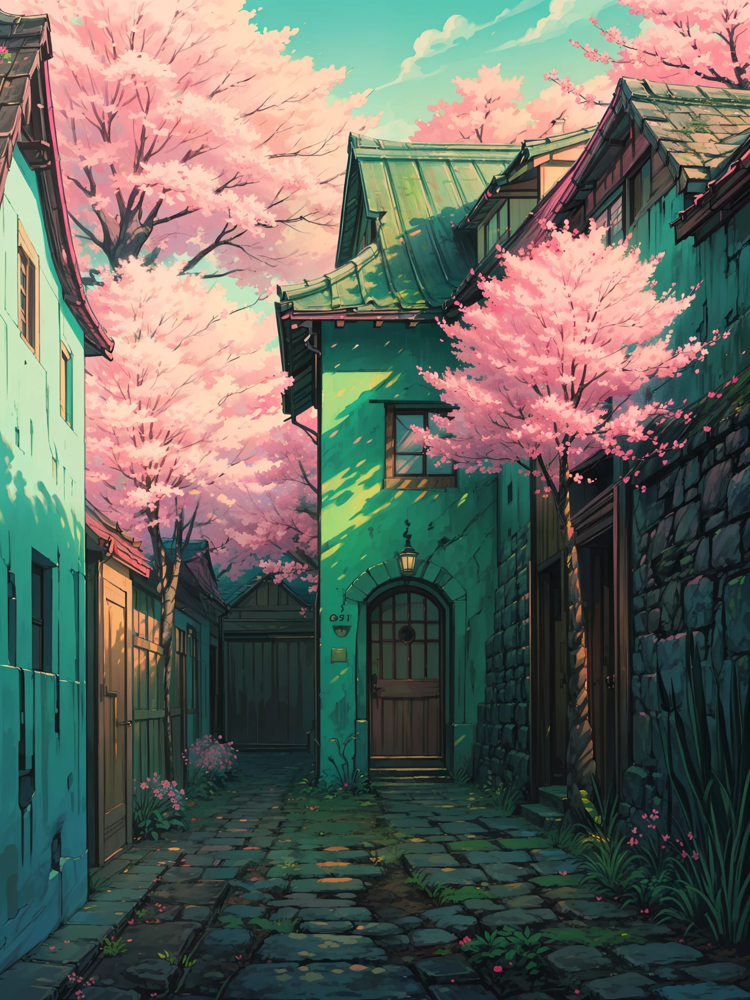 (masterpiece:1), (wide view:1.5), (a beautiful pink plant nursery street:1.6), (lo-fi vibe:1.3), (dense pink greenery all around:1.5), (nature:1.3), silence, (sakura trees:1.4), (blue vast wide open sky:1.5), (soft glow of vibrant pink and green nature tones:1.4), magnificent sky, (volumetric light:1.2), peaceful, (day time:1.5), (long grass:1.3), (magenta Bougainville flowers on walls:1.3), (stone path:1.5), (tropical blue plants:1.4), (beautiful aesthetics:1.2), (untouced beauty:1.4), beautiful tones, subtle colors, peaceful, (illustration: 1.0), epic composition, realistic lighting, (no human:1.6), HD details, masterpiece, best quality, ,