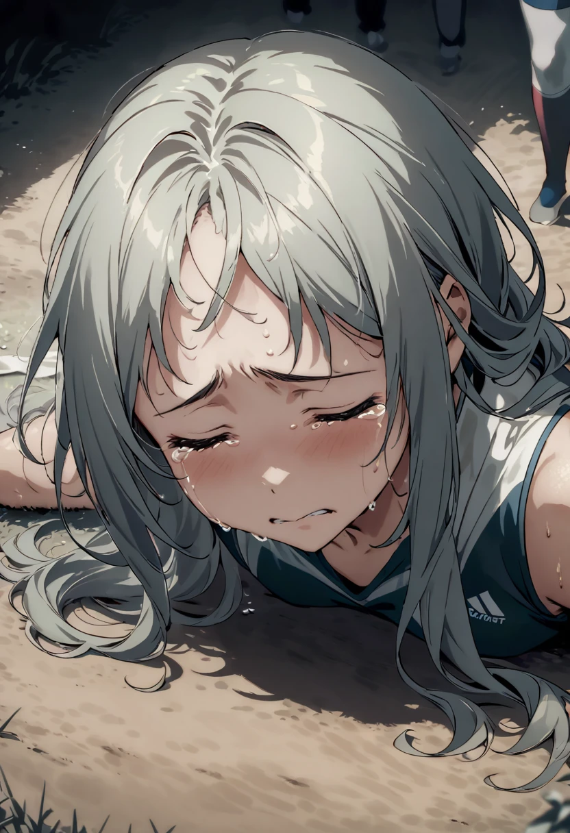 Generate an illustration featuring the face of a female track and field athlete, defeated and seated outside the track and field, crying. Focus on capturing the raw emotion of disappointment and despair on her face as tears stream down her cheeks. Show her flushed cheeks, furrowed brows, and closed eyes, conveying the intensity of her sorrow. Utilize subtle details like sweat on her forehead to emphasize the physical and emotional toll of competition. Surround her with the empty expanse of the field, symbolizing the isolation of her defeat. Use muted tones to convey the somber mood, with shadows adding depth to her anguish.