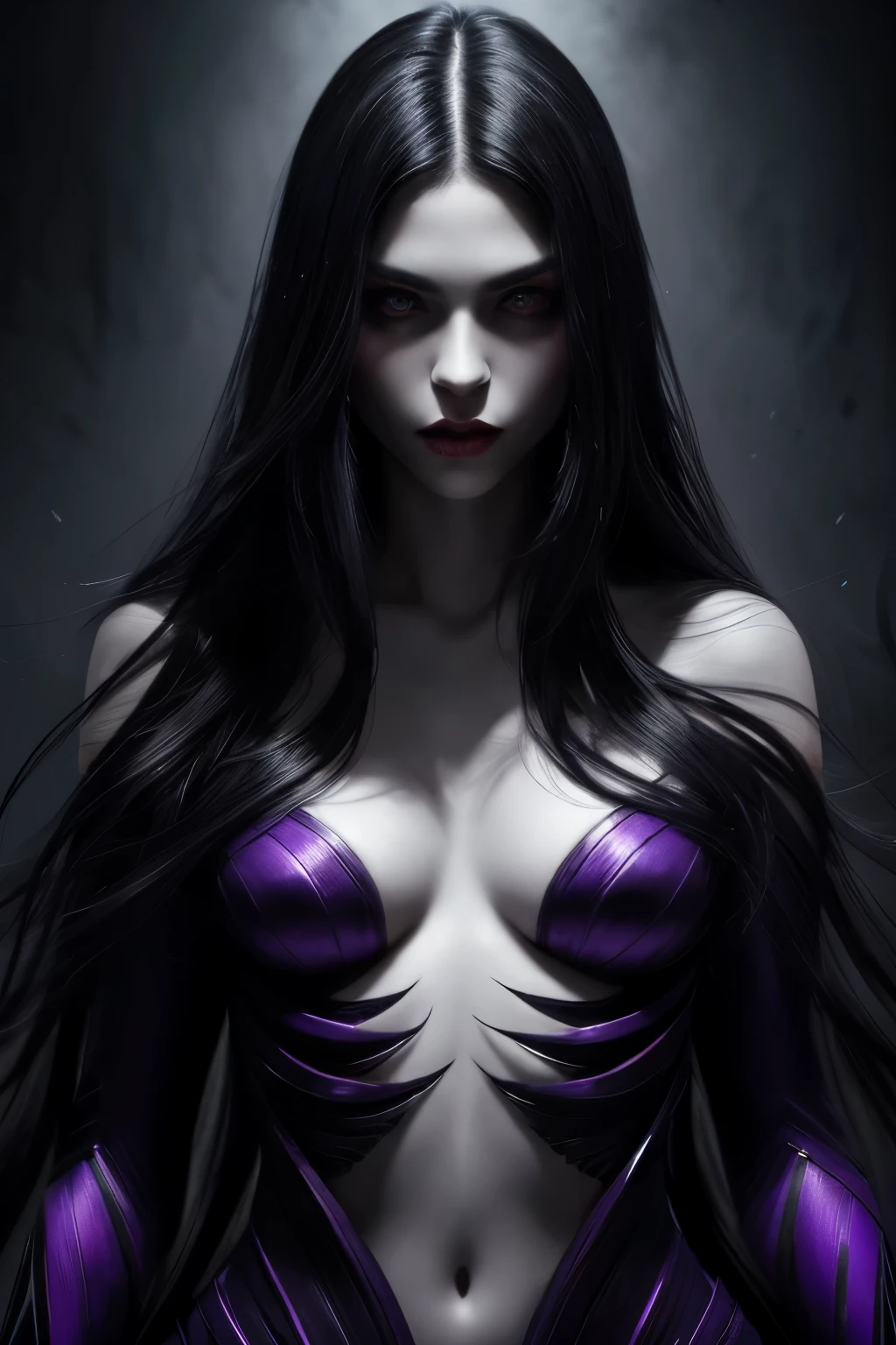 Vampire girl, featuring a shoulder-length hairstyle with purple streaks, in exquisite detail (best quality: 1.0), ultra high-resolution (ultra HD: 1.0), and enhanced by magnificent lighting (masterpiece: 1.2). Her captivating eyes, radiating a hypnotic allure, add to her enigmatic charm. The intricate texture of her long, dark hair cascades down her back in soft waves. Her delicate features reflect an otherworldly beauty, further accentuated by her vampiric nature. This stunning creation is an award-standing artwork, fit for any discerning collector's gallery (illustration: