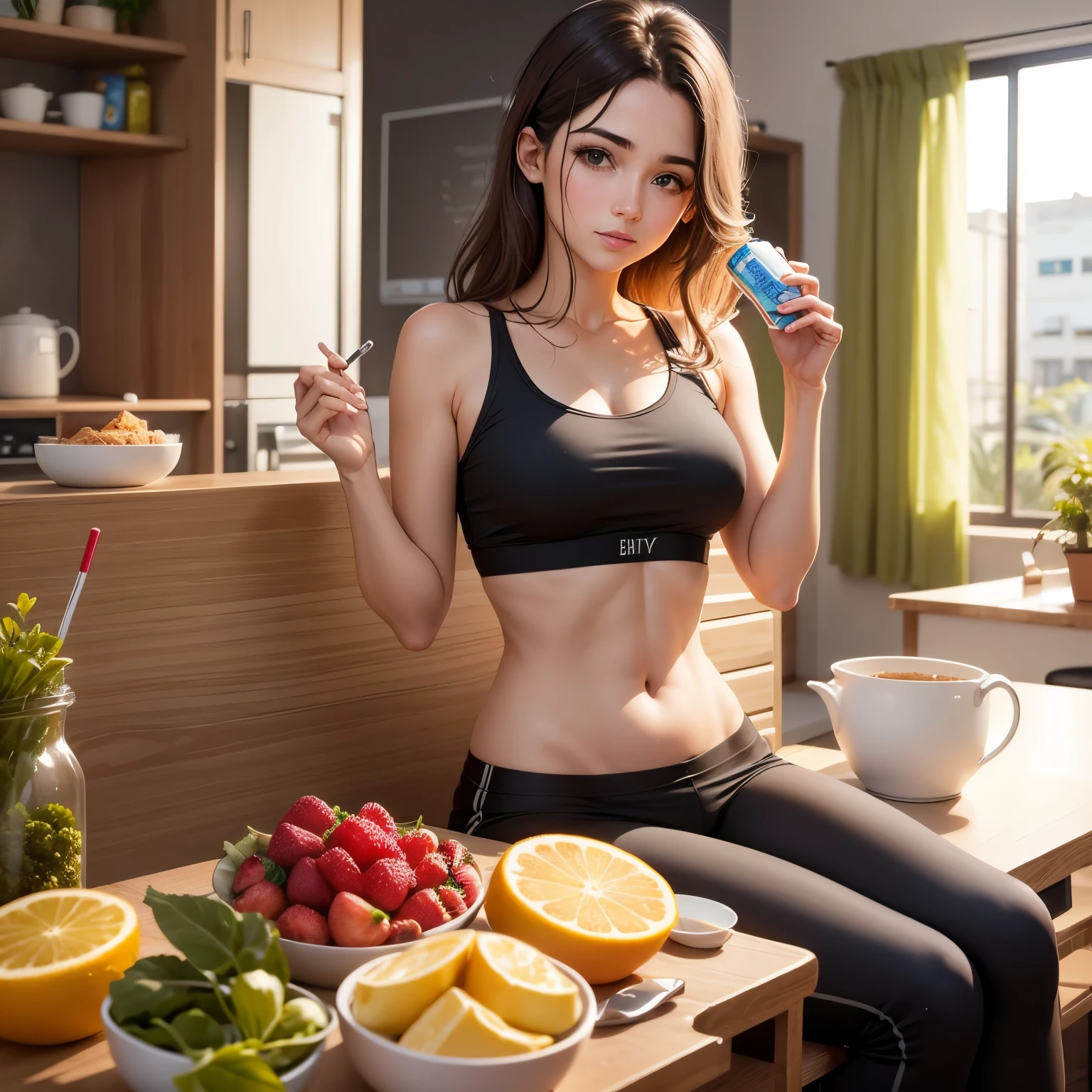 Letras no centro da imagem escrito, How to have a healthy life. E no fundo eu quero varios tipos de alimentos