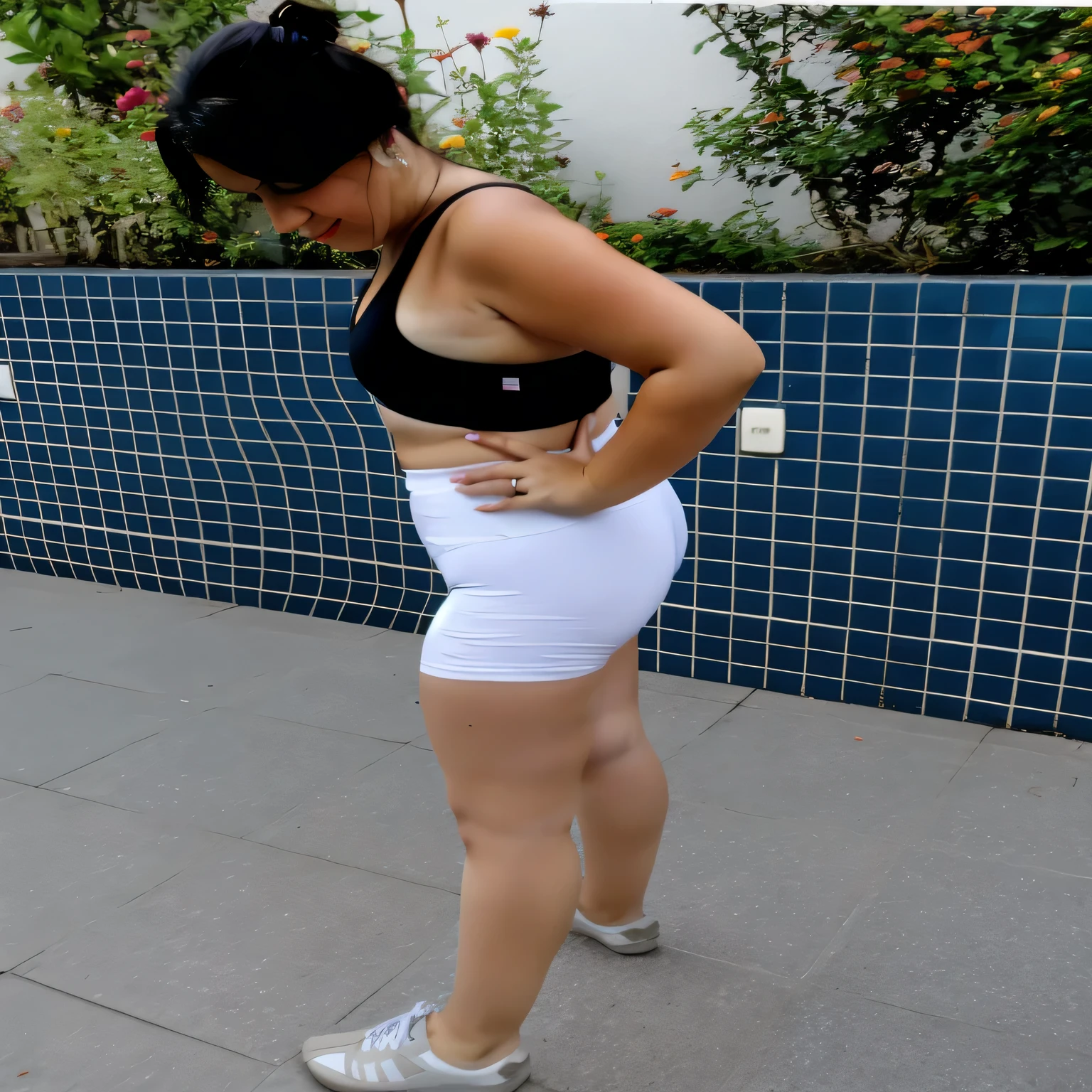 tem uma mulher de blusa preta e short branco andando de skate, saia branca and barechest, Minissaia branca, wearing saia branca, wearing white pantyhose, sutiã e shorts streetwear, usando um vestido curto branco molhado, tiro lateral, saia branca, In shorts, white pantyhose, vestindo roupas simples e justas, sports bra and shorts, legging branca, pose lateral