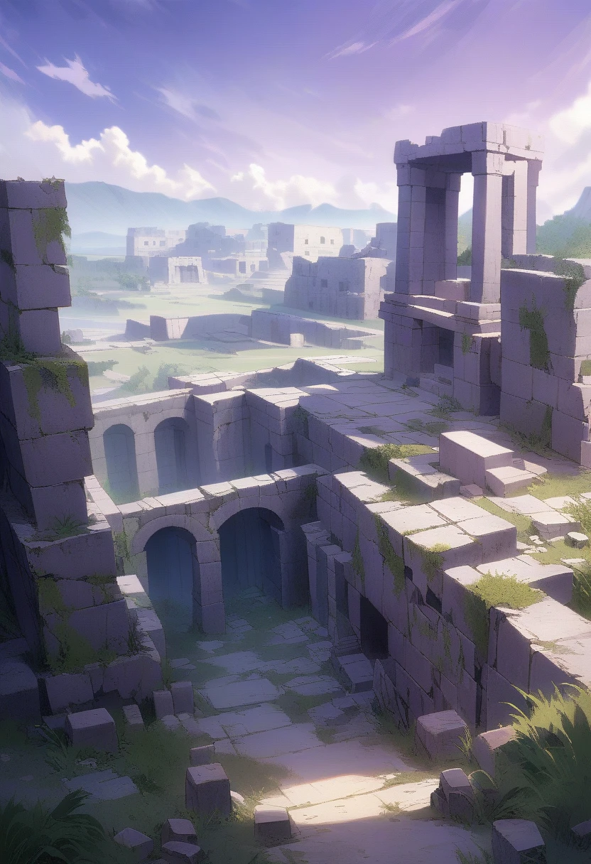 a painting of a scene with a monolithic stone structure, ancient ruins, purple ruins landscape, ancient ruins, block ruins, ancient ruins, purple ruins
