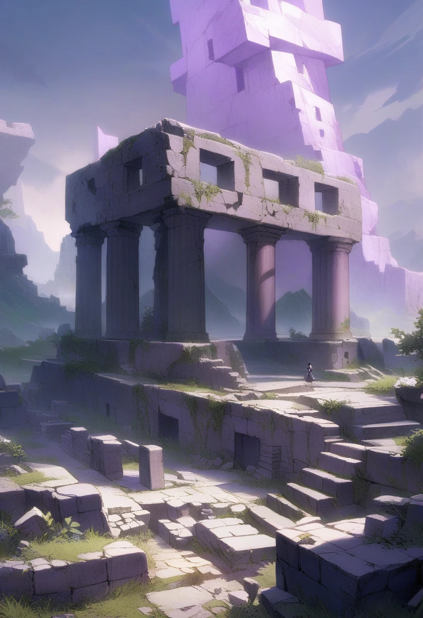 a painting of a scene with a monolithic stone structure, ancient ruins, purple ruins landscape, ancient ruins, block ruins, ancient ruins, purple ruins
