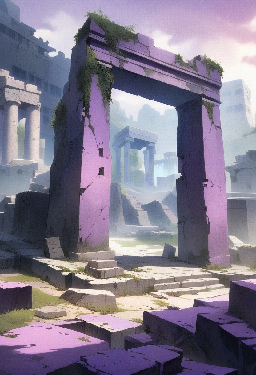 a painting of a scene with a monolithic stone structure, ancient ruins, purple ruins landscape, ancient ruins, block ruins, ancient ruins, purple ruins