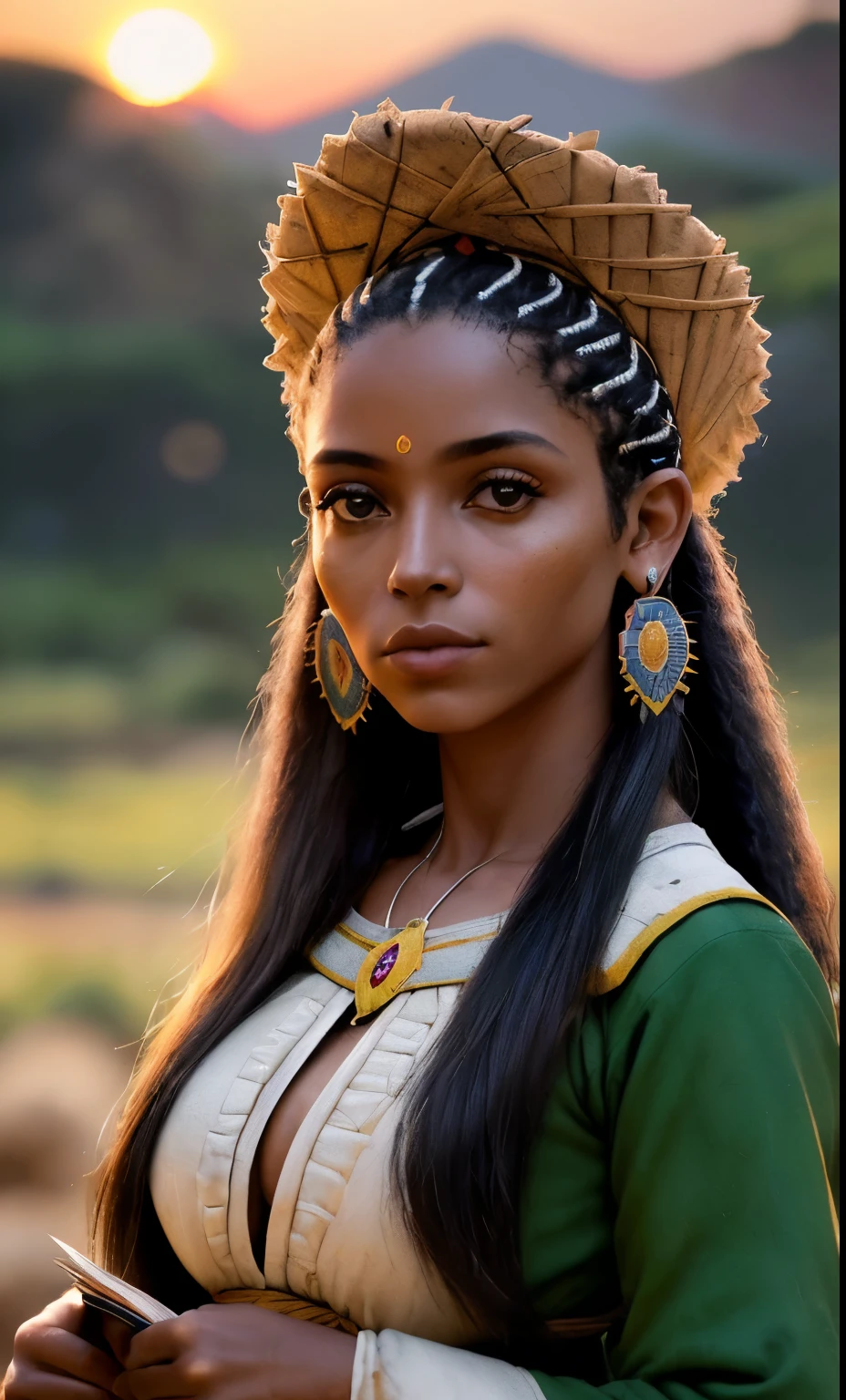 (obra de arte), (extremamente complexo:1.3), (realista), retrato de uma , a mais bonita do mundo, cabelos pretos, olhos indigenasverdes, pele morena, com roupa de couro medieval, ao ar livre, luz solar intensa, castelo distante, fotografia profissional de uma mulher deslumbrante detalhada, sharp focus, dramatic, premiado, cinematic lighting, octano render motor irreal,  volumetric dtx, (Film grain, fundo desfocado, primeiro plano desfocado, Bokeh, profundidade de campo, Sunset, desfoque de movimento:1.3), cota de malha