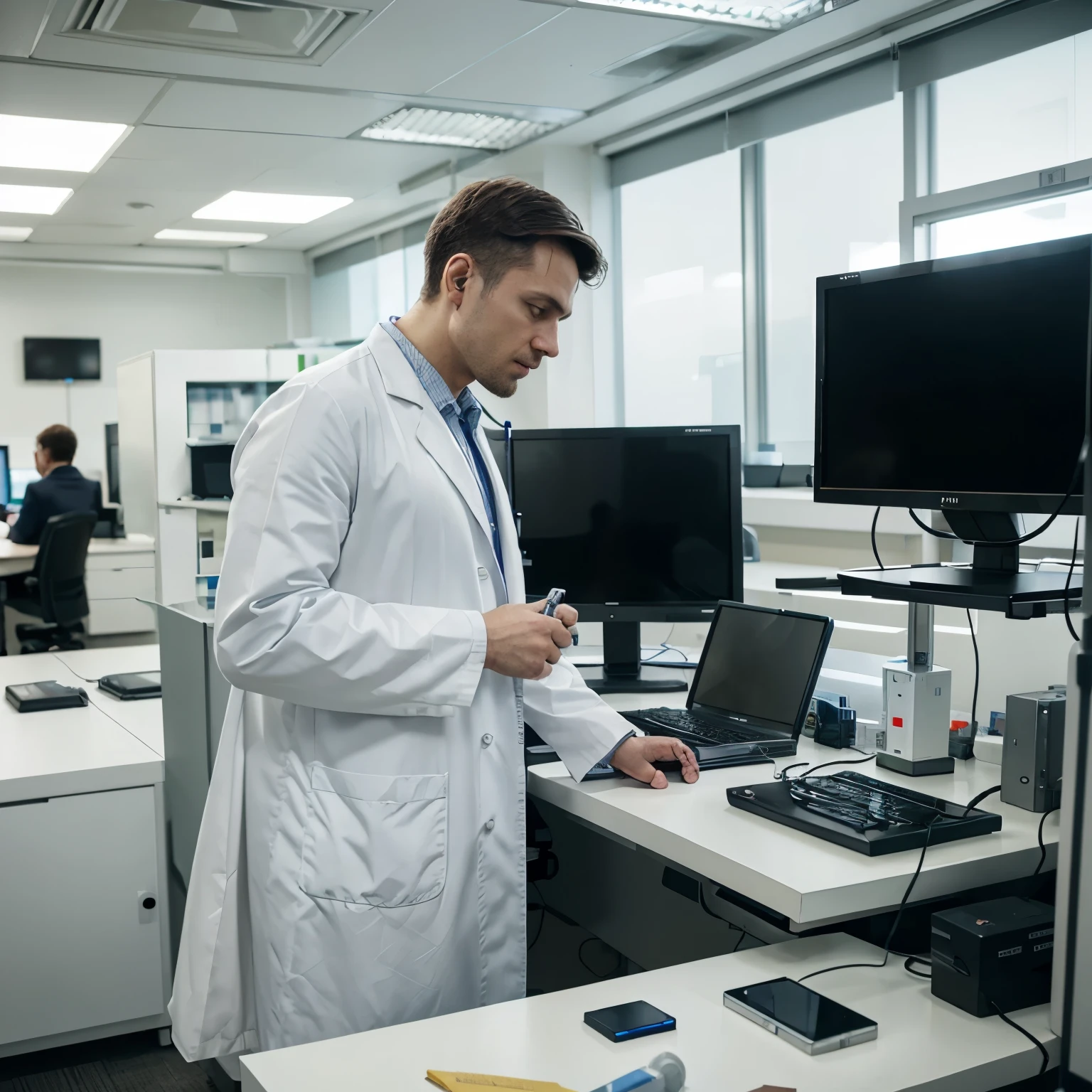 russian man in lab coat using a computer screen in an office, digital medical equipment, digital health, clean medical environment, diagnostics, endless collaboration with ai, computer vision, wearing a white lab coat, laboratory