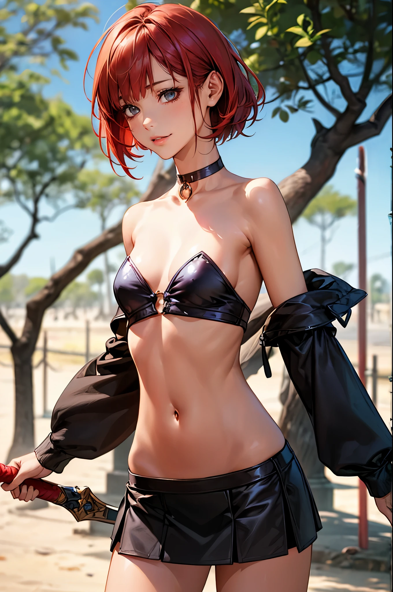((perfect anatomy:1.2,realistic,:1.3,RAW Photography:1.3,masterpiece、highest quality、Ultra - High resolution、High resolution、Highly detailed CG、8K)),nsfw,cowboy shot,1 female,alone,20-year-old,beauty of japan,beautiful detailed face and eyes,big and gorgeous eyes,gray eyes,(red hair,short bob hair,bangs), (slender body,small head:1.4, skinny、small breasts), glowing skin,oily skin,(fantasy clothing,black tube top,off shoulder、navel、red micromini skirt,choker),standing,Holding a thin sword、swordplay、take a stand、fantasy,fantasy world、tree々、virgin forest、river、medieval europe、natural sunlight、