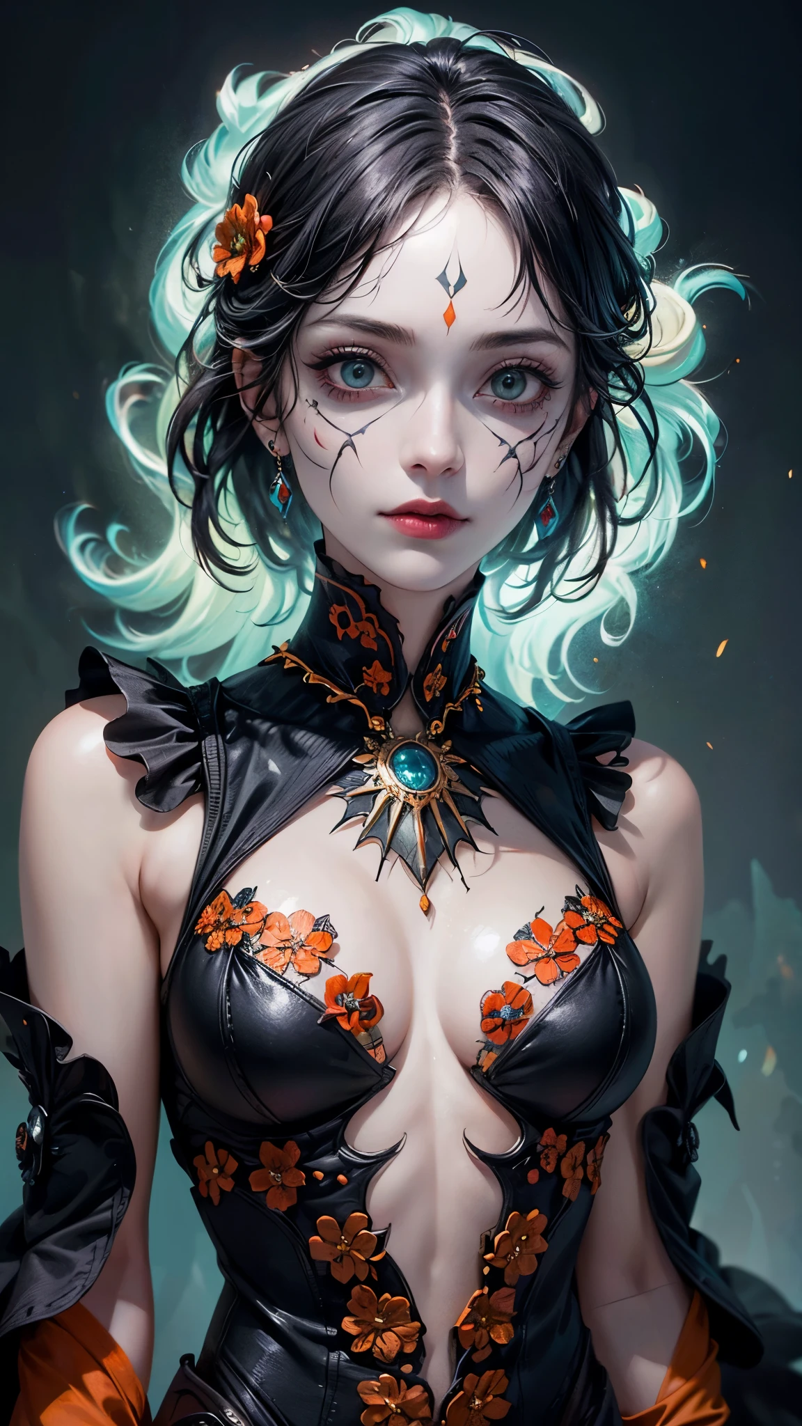 (best quality,4k,8k,highres,masterpiece:1.2),ultra-detailed,(realistic,photorealistic,photo-realistic:1.37), Halloween cosplay, The Day of the Dead, Female cosplay, beautiful girl in Halloween cosplay, face paint, face painting, full body, vibrant colors, atmospheric lighting, intricate face paint, flowing black hair, detailed costume, hauntingly beautiful eyes, delicate skull makeup, ethereal presence, eerie background, mystical aura