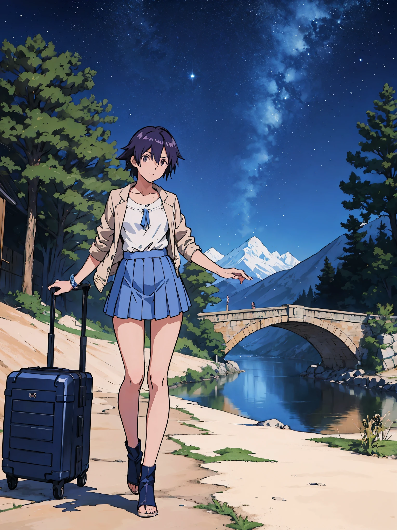 Anime scene of train passing through a bridge, purple and orange sky, art style by makoto shinkai, ((shinkai works)), beautiful anime scene, cosmic skies, starry skies, hills, snowy mountains, Cristal clear watar, river under the bridge, trees, stars, specular scattering, ((makoto shinkai)), anime background by makoto shinkai, ((Masterpeice)), ((ultra hd)), ((best quality)), ((clarity 8k)), ((artistic wallpaper)), ((stunning anime landscape)), ((shinkai)), ((extreamly detailed)), ((highly detailed)), ((detailed)).