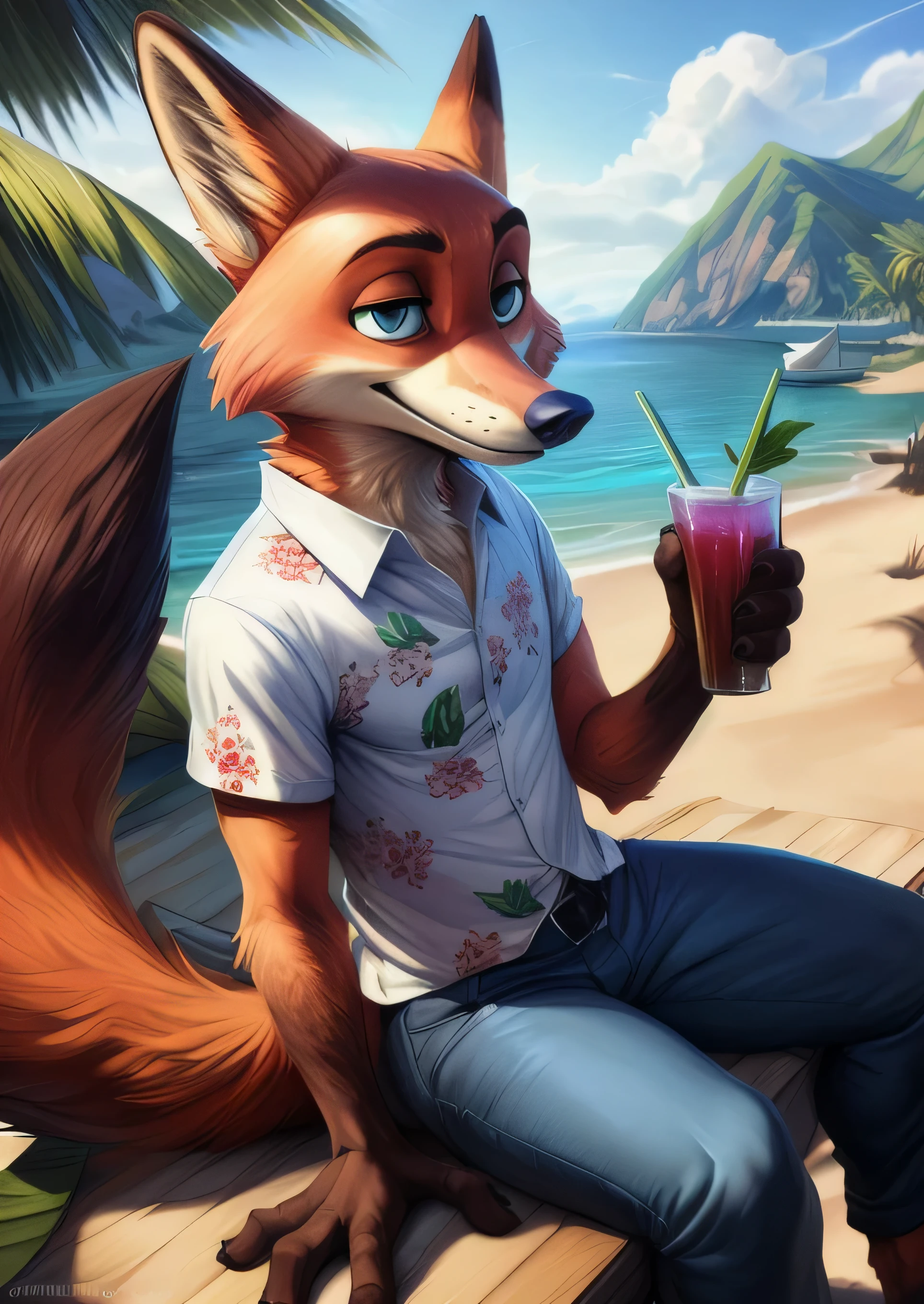 uploaded on e621, (by Homogenousrule, by Wildering, by Foxovh, by Catcouch),
solo (((nick wilde), neck tuft, fluffy tail, blue eyes)),
((hree-quarter portrait)), ((wear blue hawaii floral shirt with grey blue pants)),
BREAK
((sitting at island with plant and water on sunny day, white boat, beverage)),
(detailed background, depth of field, half body shadow, sunlight, ambient light on the body),
(intricate:0.7), (high detail:1.3), (unreal engine:1.3), (sharp focus:1.15),
[explicit content, questionable content], (masterpiece, best quality, 4k, 2k, shaded, absurd res)