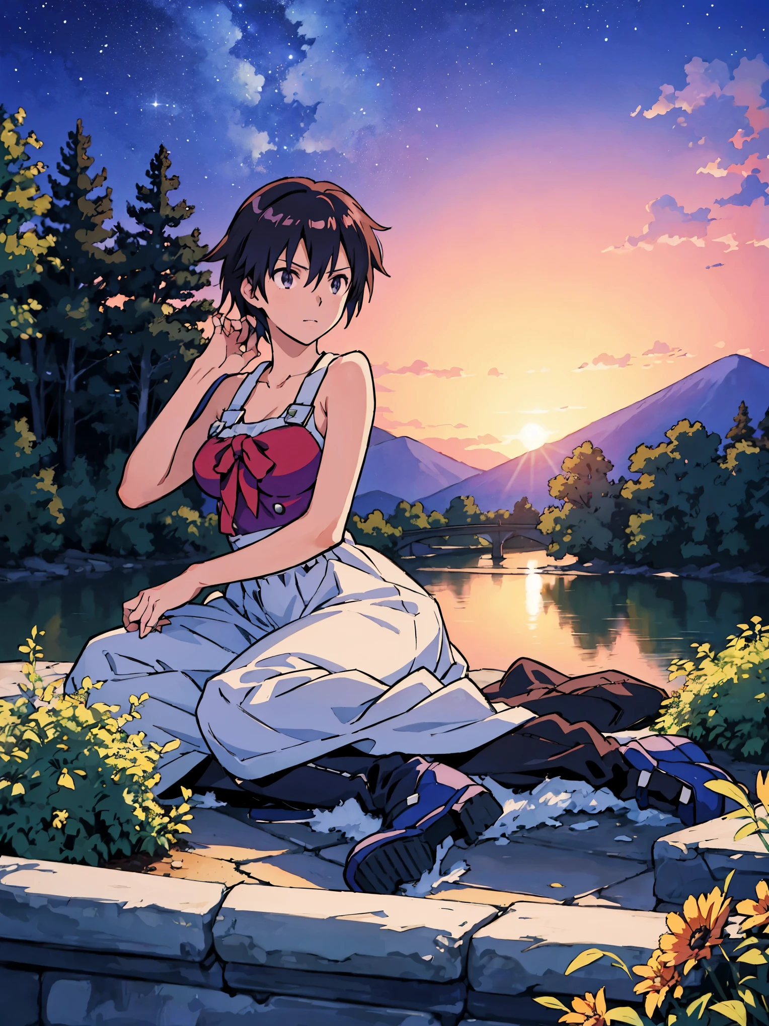 Anime scene of train passing through a bridge, purple and orange sky, art style by makoto shinkai, ((shinkai works)), beautiful anime scene, cosmic skies, starry skies, hills, snowy mountains, Cristal clear watar, river under the bridge, trees, stars, specular scattering, ((makoto shinkai)), anime background by makoto shinkai, ((Masterpeice)), ((ultra hd)), ((best quality)), ((clarity 8k)), ((artistic wallpaper)), ((stunning anime landscape)), ((shinkai)), ((extreamly detailed)), ((highly detailed)), ((detailed)).