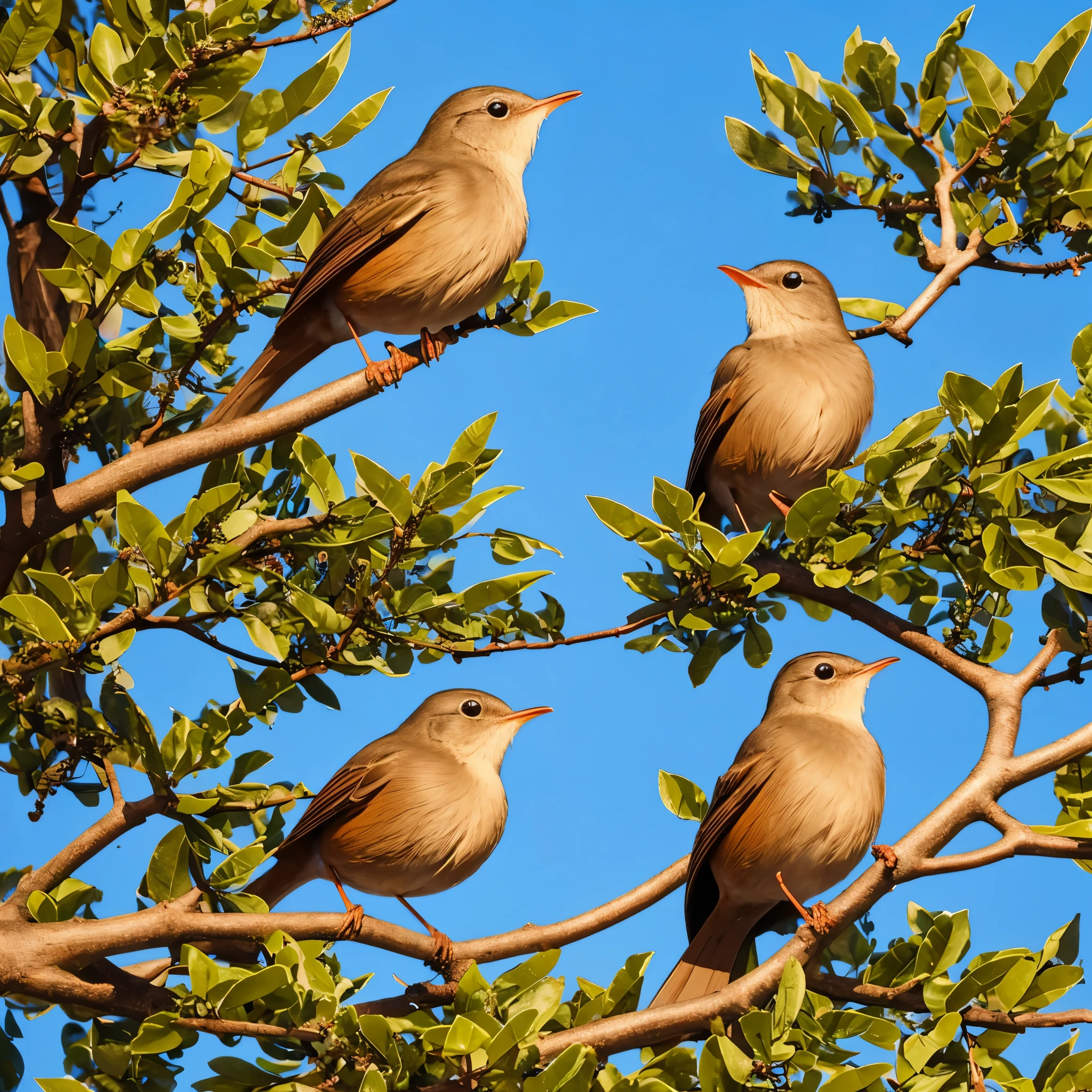 Create an image of a mother nightingale singing at the top of a tree 